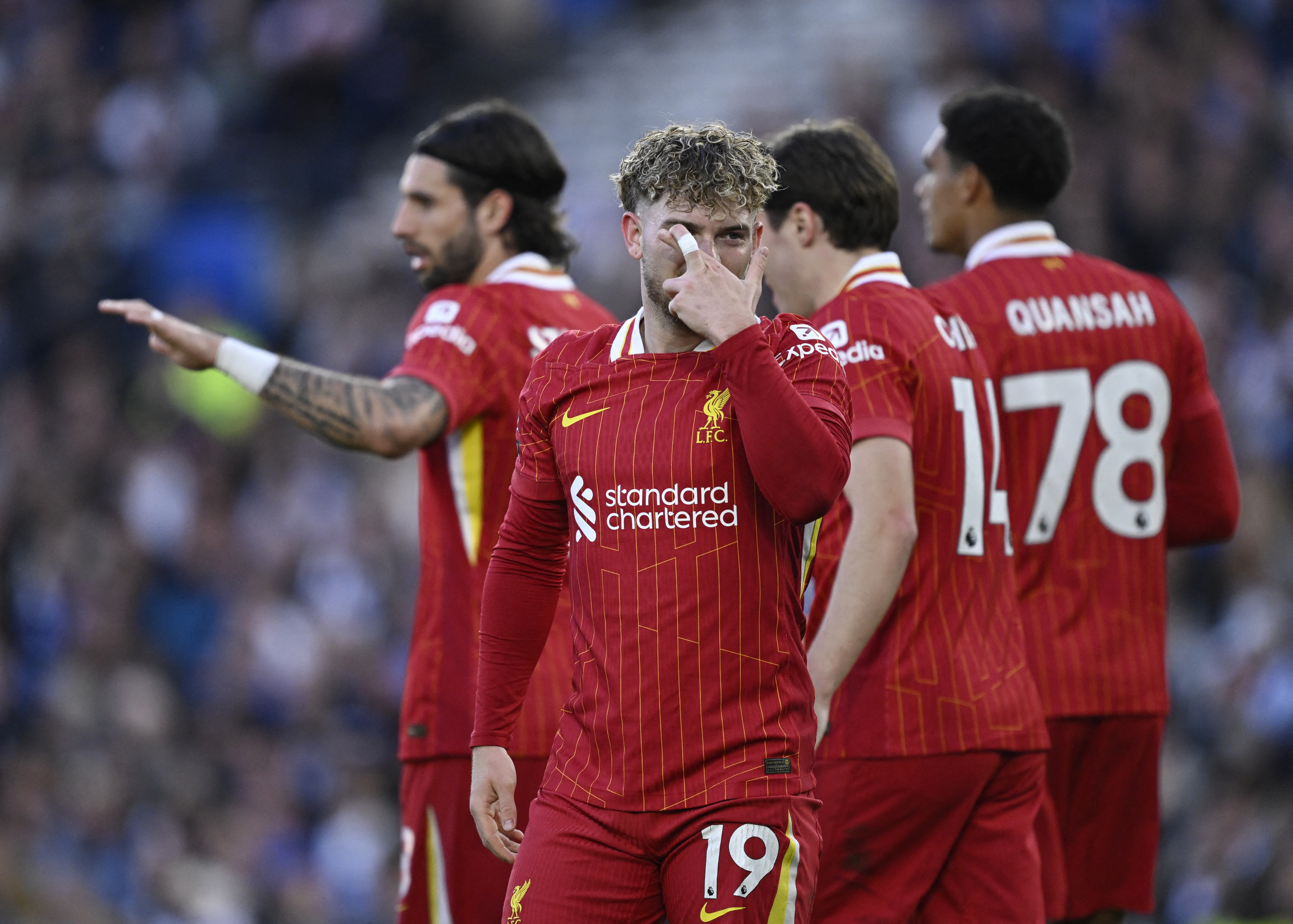 Soccer Football - Premier League - Brighton & Hove Albion v Liverpool - The American Express Community Stadium, Brighton, Britain - May 19, 2025 Liverpool's Harvey Elliott celebrates scoring their first goal REUTERS/Tony O Brien EDITORIAL USE ONLY. NO USE WITH UNAUTHORIZED AUDIO, VIDEO, DATA, FIXTURE LISTS, CLUB/LEAGUE LOGOS OR 'LIVE' SERVICES. ONLINE IN-MATCH USE LIMITED TO 120 IMAGES, NO VIDEO EMULATION. NO USE IN BETTING, GAMES OR SINGLE CLUB/LEAGUE/PLAYER PUBLICATIONS. PLEASE CONTACT YOUR ACCOUNT REPRESENTATIVE FOR FURTHER DETAILS..