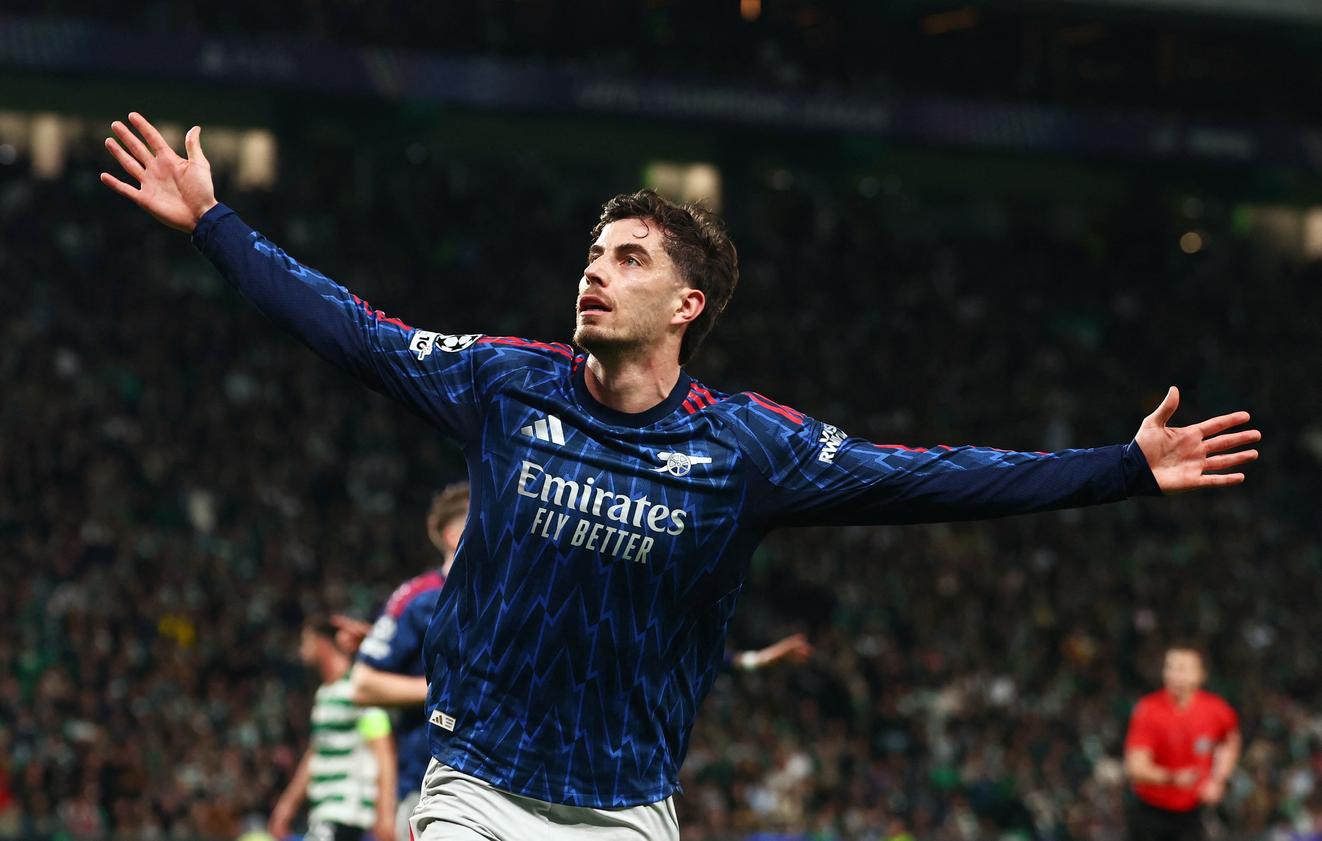 Soccer Football - UEFA Champions League - Quarter Final - First Leg - Sporting CP v Arsenal - Estadio Jose Alvalade, Lisbon, Portugal - April 7, 2026 Arsenal's Kai Havertz celebrates scoring their first goal REUTERS/Pedro Nunes