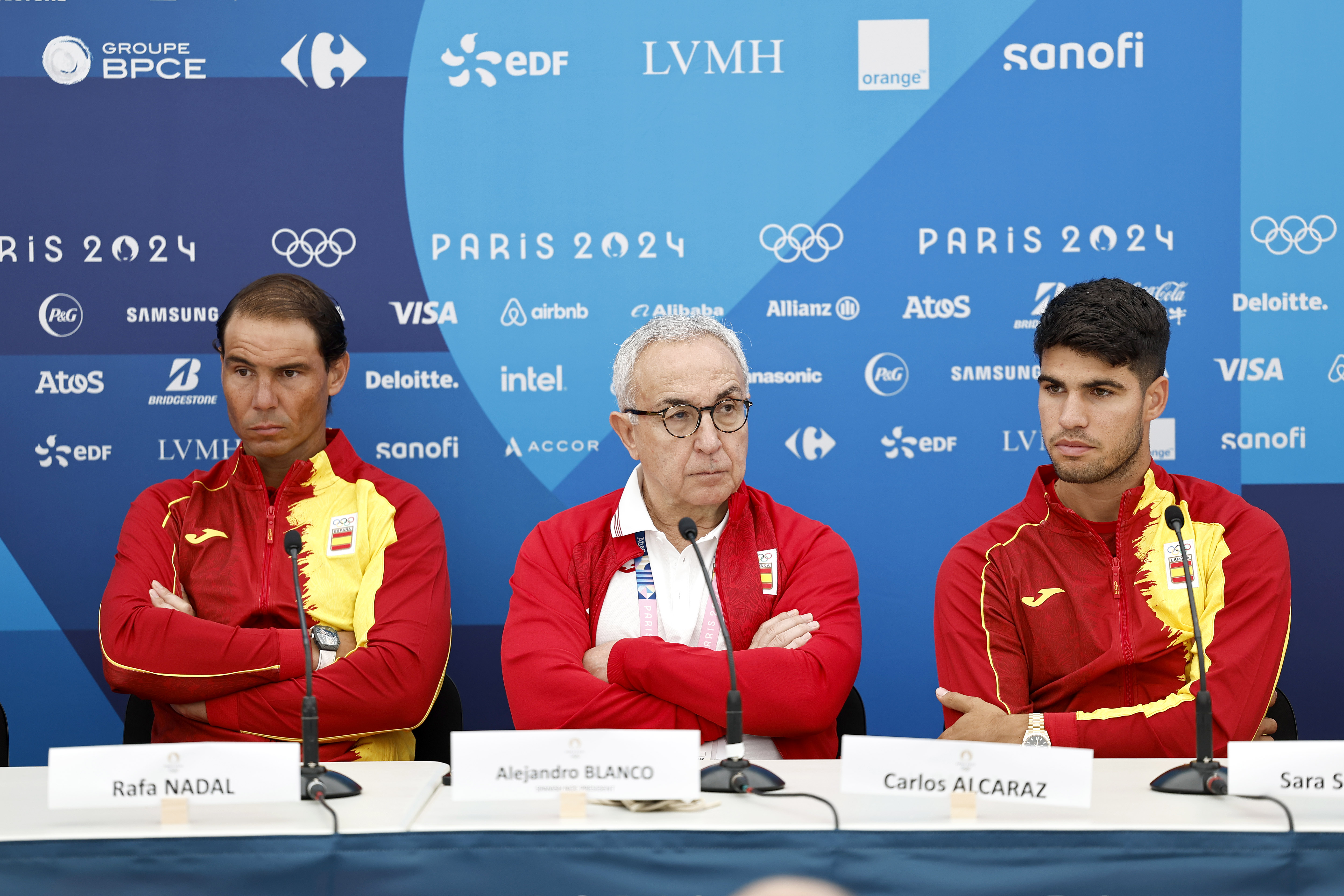 24/07/24 JUEGOS OLIMPICOS JJOO PARIS 2024 
OPEN MEDIA DAY COMITE OLIMPICO ESPAÑOL COE 
RUEDA DE PRENSA TENIS 
RAFA NADAL  ALEJANDRO BLANCO  CARLOS ALCARAZ 