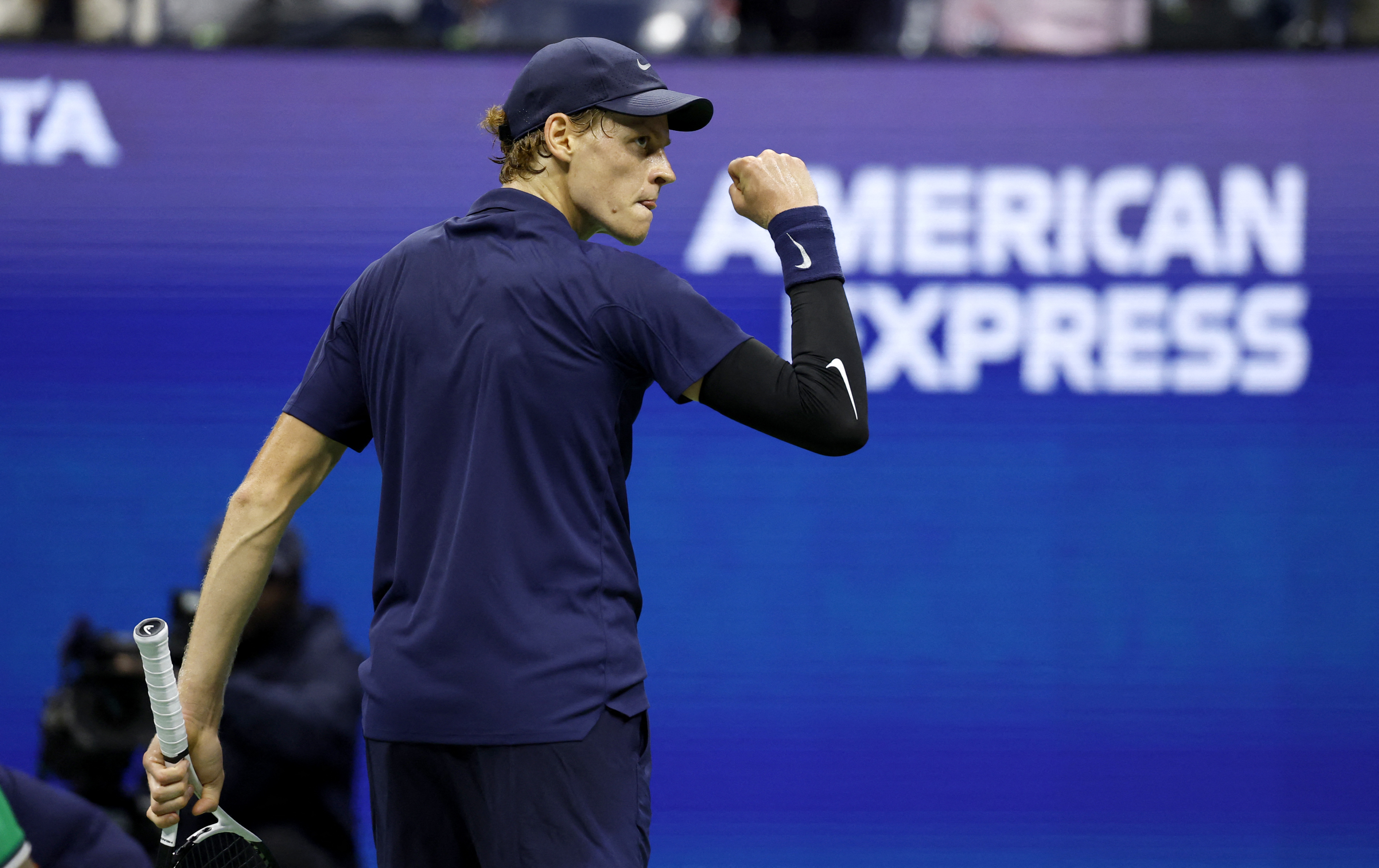 Sep 3, 2025; Flushing, NY, USA; Jannik Sinner (ITA) reacts after a point against Lorenzo Musetti (ITA) (not pictured) on day eleven of the 2025 US Open tennis championships at USTA Billie Jean King National Tennis Center. Mandatory Credit: Geoff Burke-Imagn Images