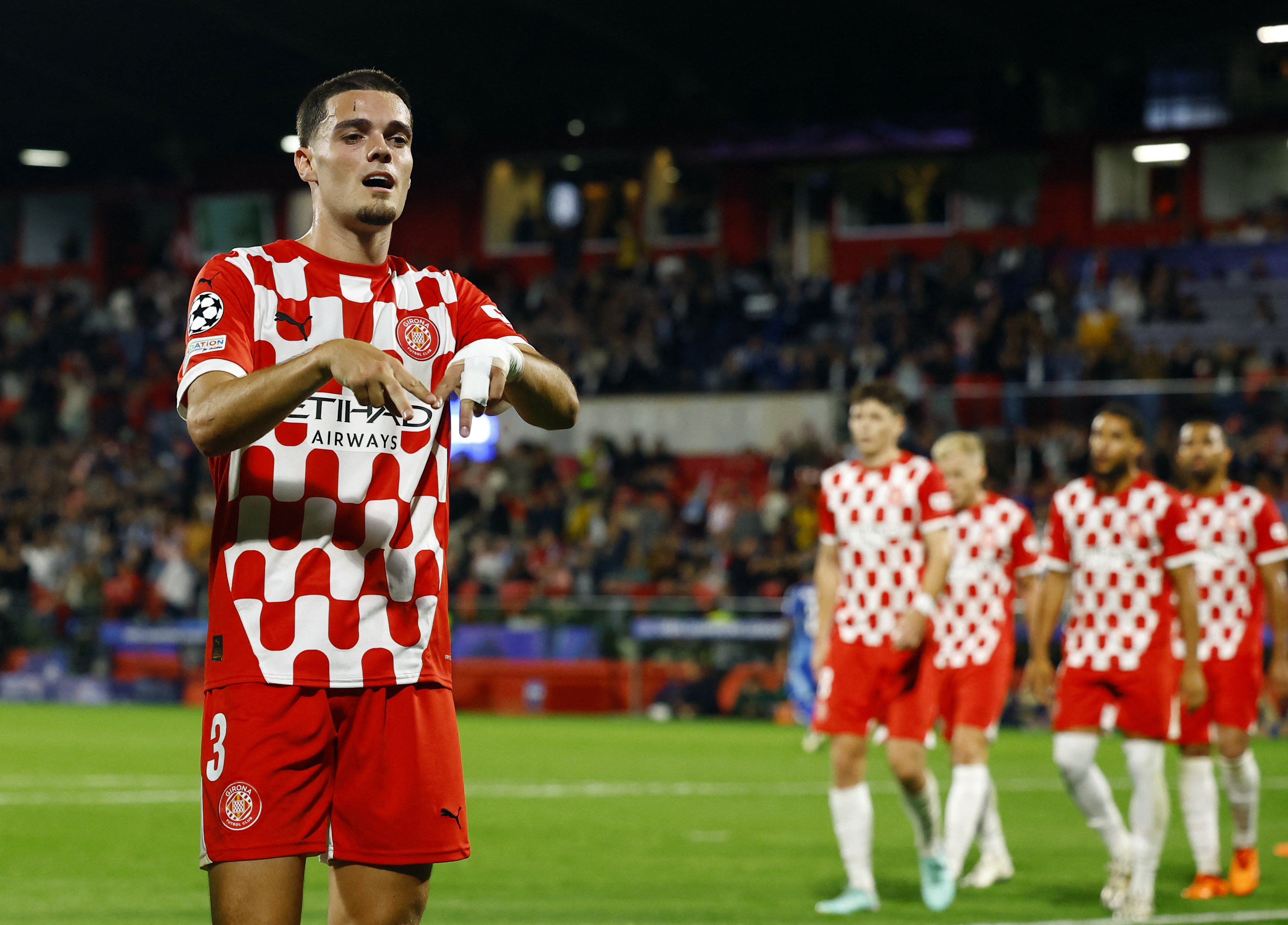 Soccer Football - Champions League - Girona v Slovan Bratislava - Estadi Montilivi, Girona, Spain - October 22, 2024 Girona's Miguel Gutierrez celebrates scoring their first goal REUTERS/Albert Gea