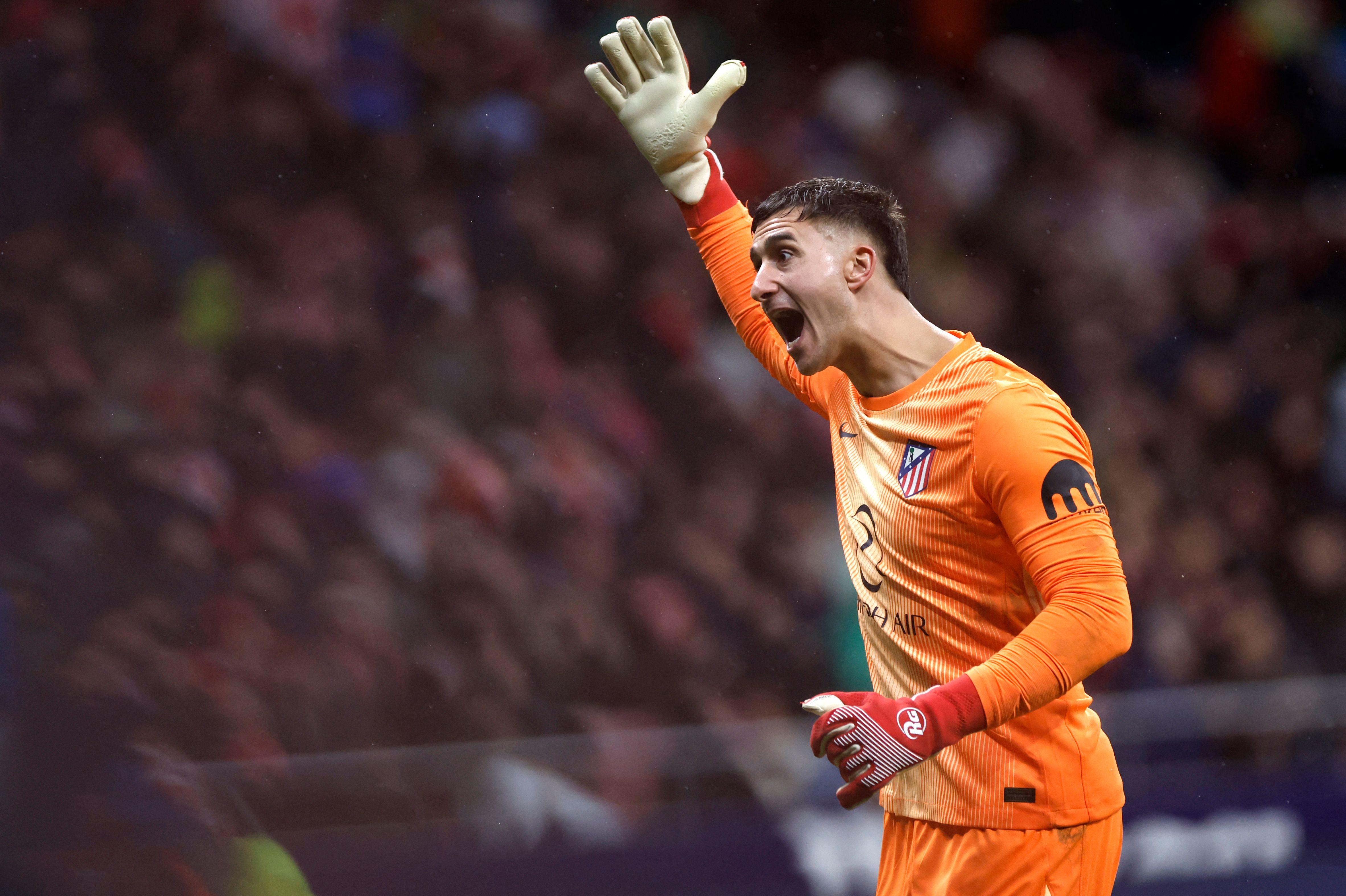 Atletico Madrid's Argentine goalkeeper #01 Juan Musso reacts during the Spanish Copa del Rey (King's Cup) semi final first leg football match between Club Atletico de Madrid and FC Barcelona at Metropolitano Stadium in Madrid on February 12, 2026. (Photo by Oscar DEL POZO / AFP)