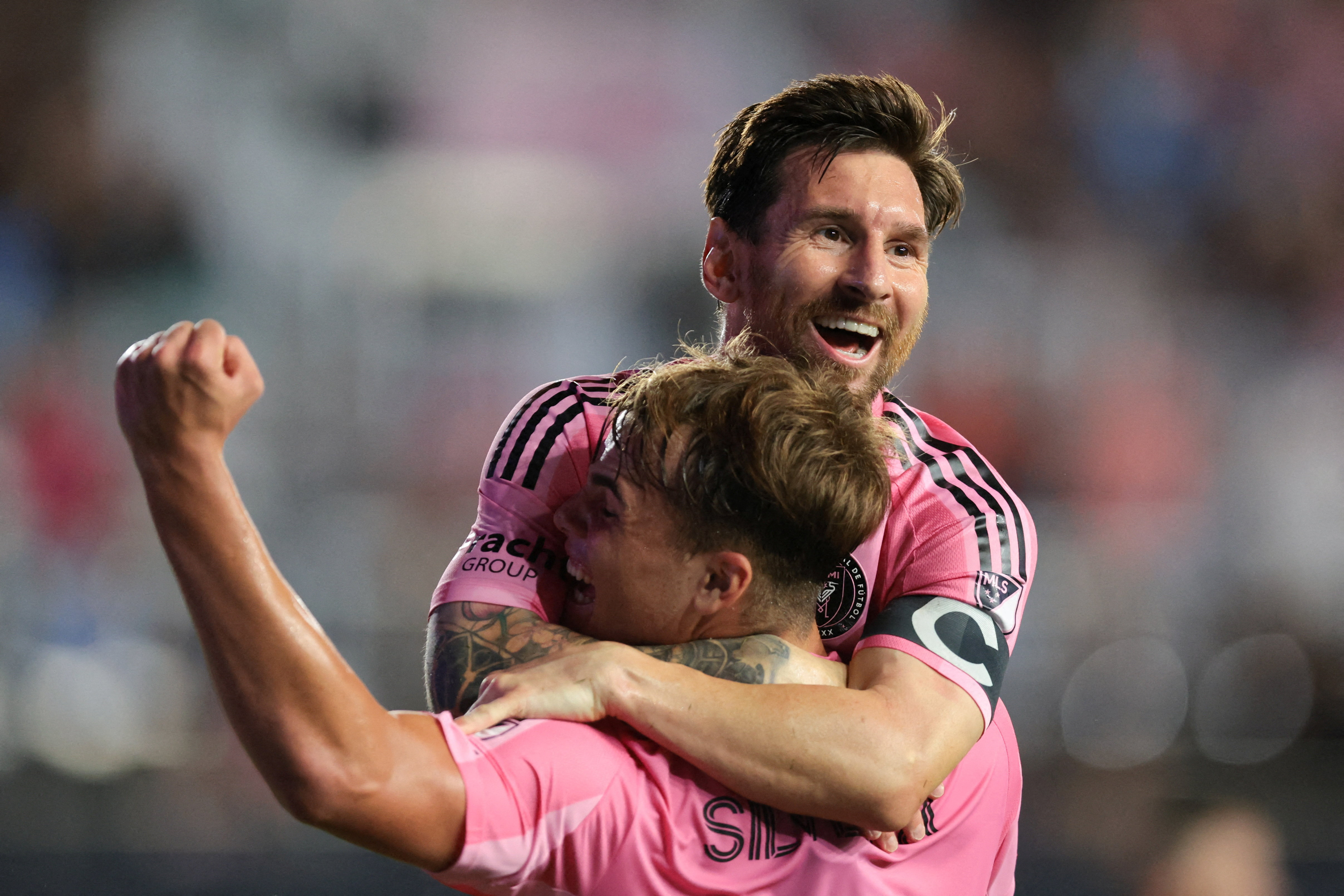 Nov 8, 2025; Fort Lauderdale, Florida, USA; Inter Miami CF forward Lionel Messi (10) celebrates with forward Mateo Silvetti (24) after scoring against Nashville SC during the first half at Chase Stadium. Mandatory Credit: Sam Navarro-Imagn Images TPX IMAGES OF THE DAY