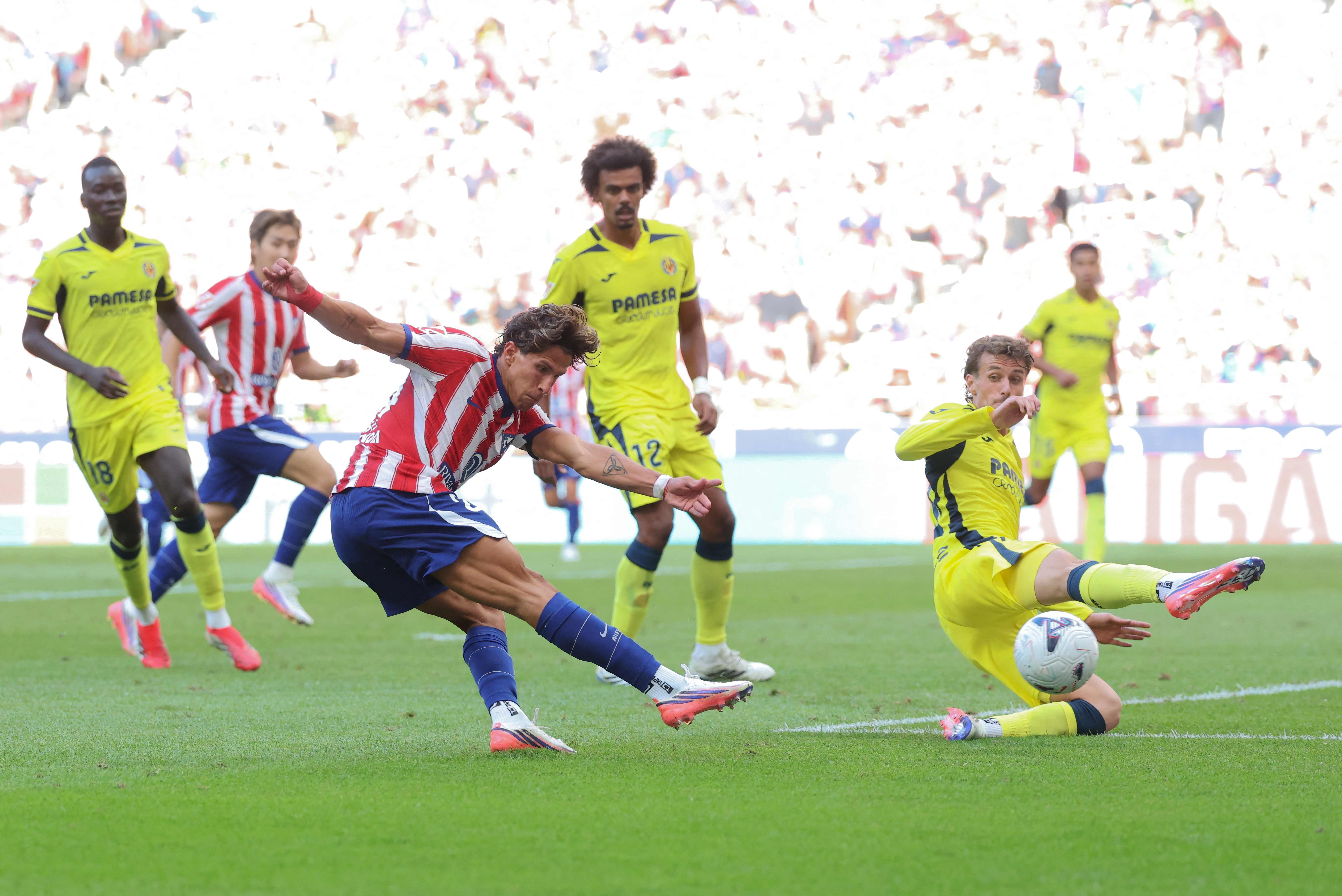 Giuliano Simeone kicks the ball during the Spanish league football match between Club Atletico de Madrid and Villarreal CF