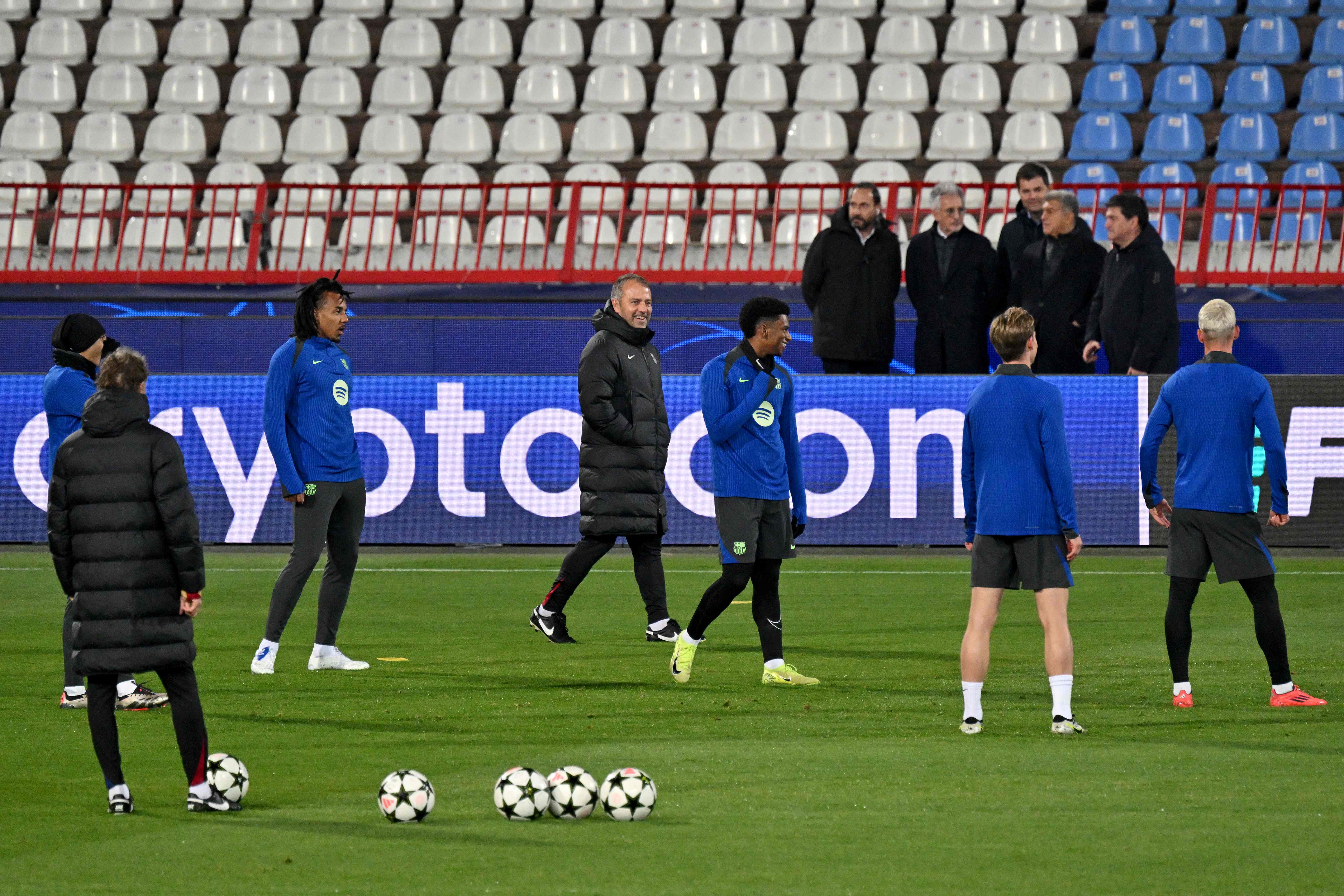 Barcelona's players put through their paces at Rajko Mitic stadium in Belgrade.