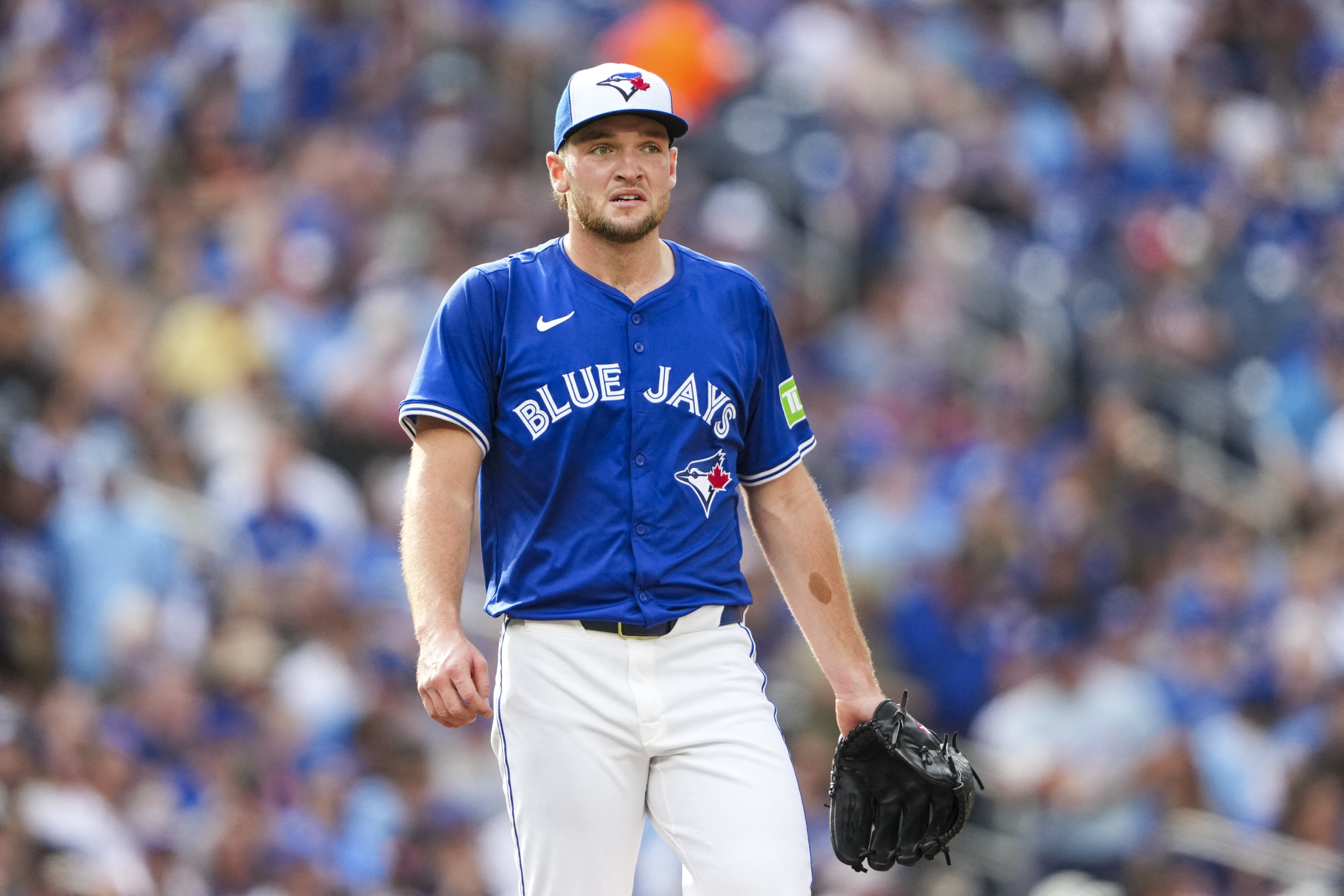 Sep 27, 2025; Toronto, Ontario, CAN; Toronto Blue Jays pitcher Trey Yesavage (39) looks on against the Tampa Bay Rays during the fifth inning at Rogers Centre. Mandatory Credit: Kevin Sousa-Imagn Images