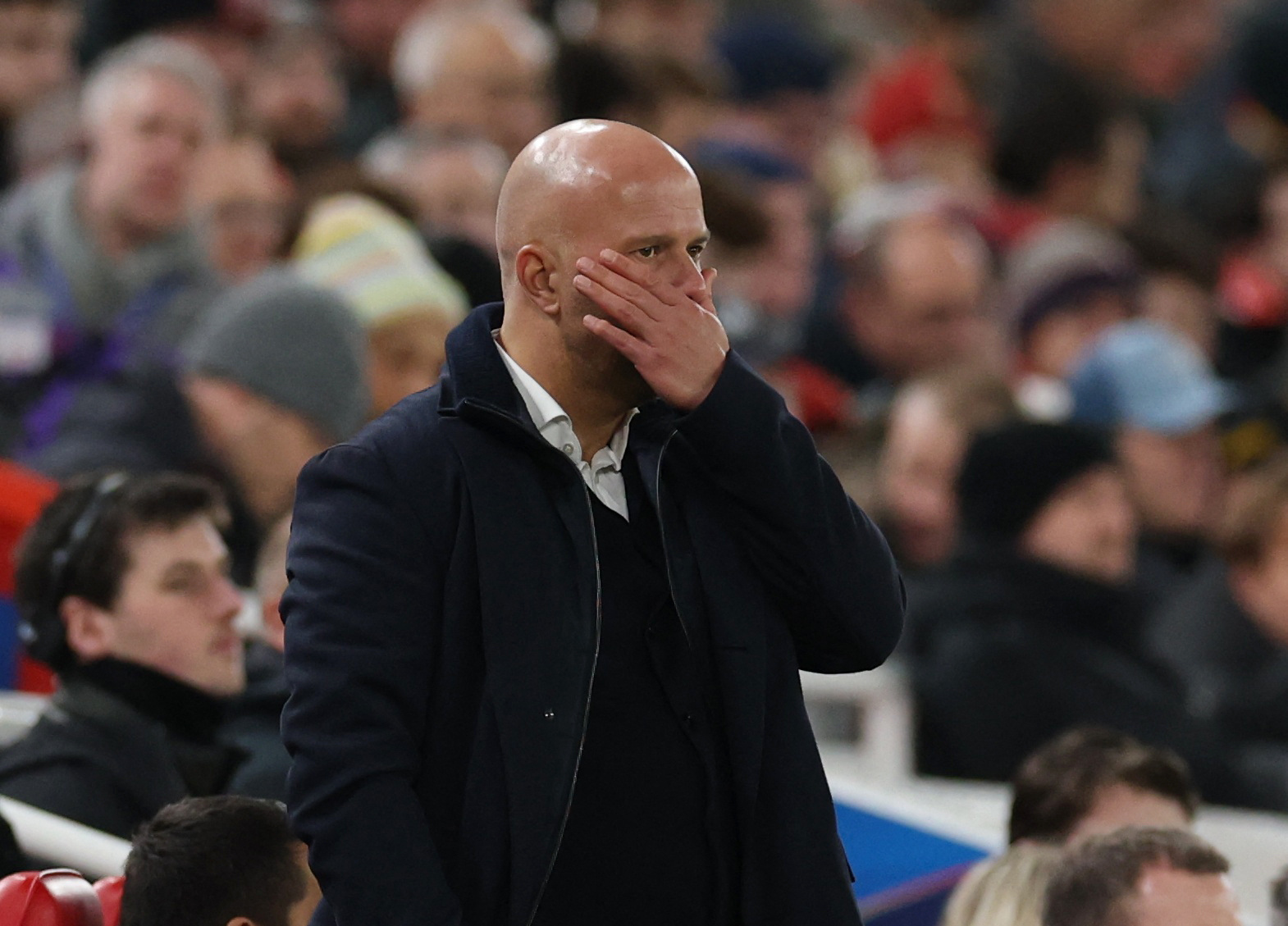 Soccer Football - UEFA Champions League - Liverpool v PSV Eindhoven - Anfield, Liverpool, Britain - November 26, 2025 Liverpool manager Arne Slot reacts REUTERS/Phil Noble