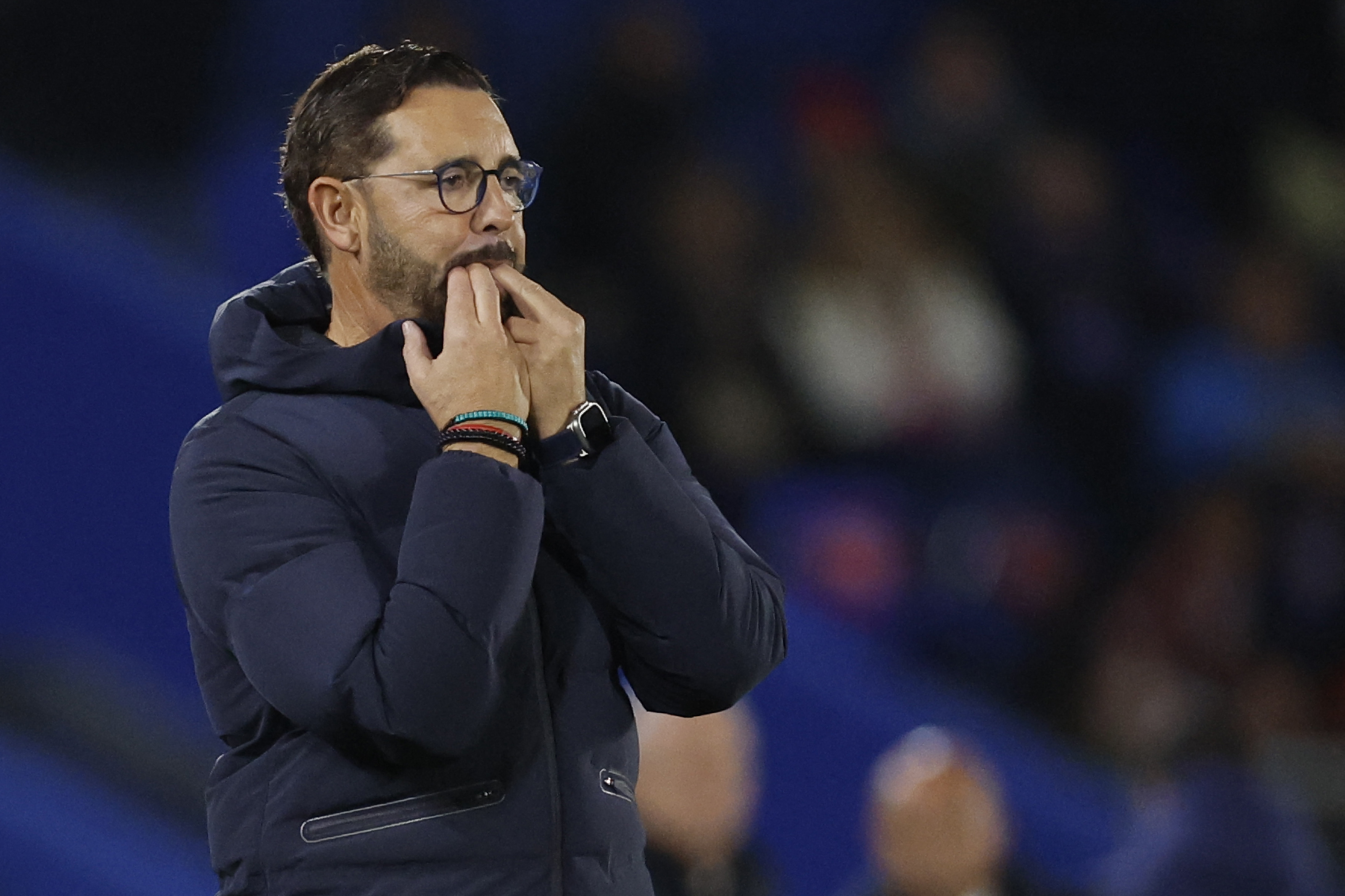 Getafe's Spanish coach Jose Bordalas whistles during the Spanish league football match between Getafe CF and Club Atletico de Madrid at Coliseum Alfonso Perez Stadium in Getafe on November 23, 2025. (Photo by Oscar DEL POZO / AFP)