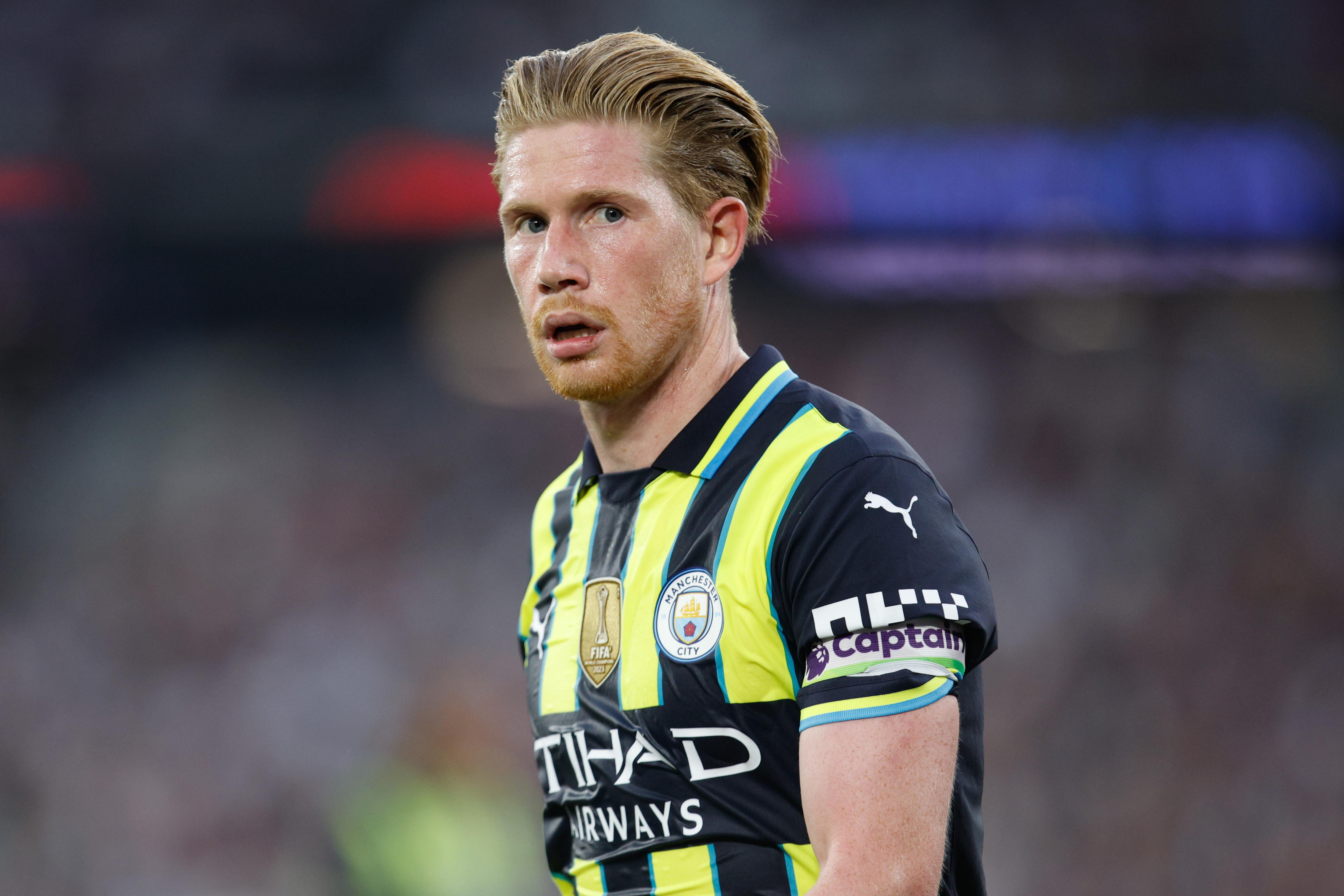 London (United Kingdom), 31/08/2024.- Kevin De Bruyne of Manchester City in action during the English Premier League soccer match of West Ham United against Manchester City, in London, Britain, 31 August 2024. (Reino Unido, Londres) EFE/EPA/DAVID CLIFF EDITORIAL USE ONLY. No use with unauthorized audio, video, data, fixture lists, club/league logos, 'live' services or NFTs. Online in-match use limited to 120 images, no video emulation. No use in betting, games or single club/league/player publications.
