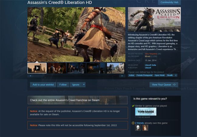 At the request of the publisher, Assassin's Creed Liberation HD is no  longer available for sale on Steam : r/pcgaming