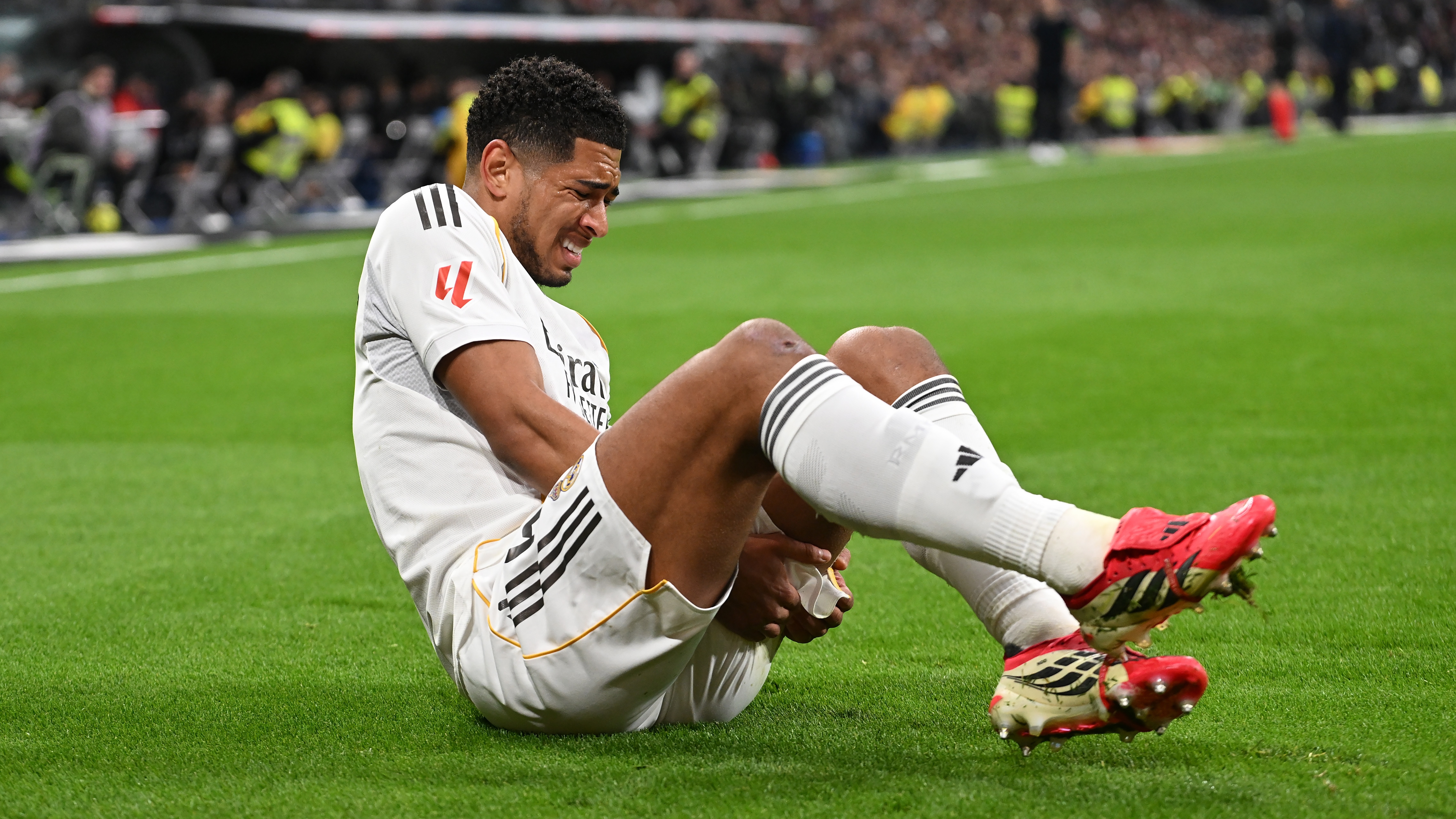 MADRID, SPAIN - FEBRUARY 01: Jude Bellingham of Real Madrid goes down with an injury during the LaLiga EA Sports match between Real Madrid CF and Rayo Vallecano de Madrid at Estadio Santiago Bernabeu on February 01, 2026 in Madrid, Spain. (Photo by Denis Doyle/Getty Images)