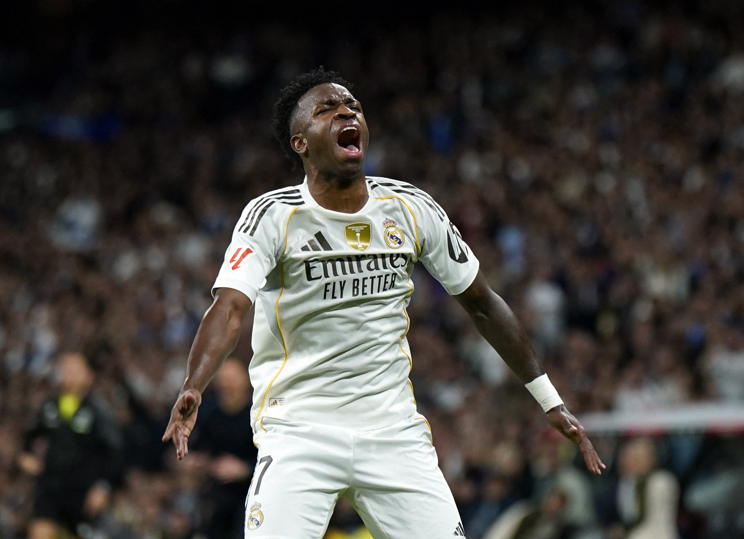 Soccer Football - LaLiga - Real Madrid v Celta Vigo - Santiago Bernabeu, Madrid, Spain - December 7, 2025 Real Madrid's Vinicius Junior reacts REUTERS/Ana Beltran