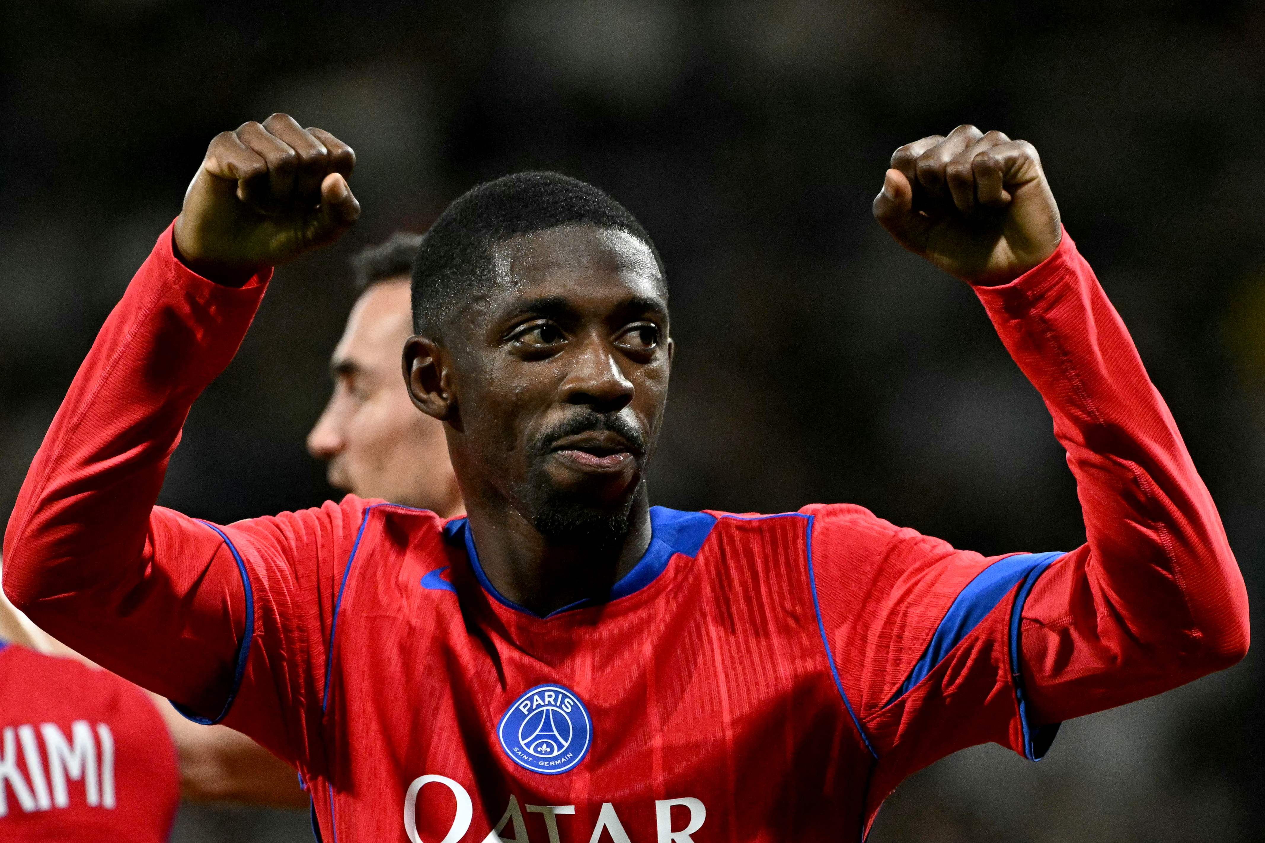Paris Saint-Germain's French forward #10 Ousmane Dembele celebrates scoring his team's fourth goal from a penalty during the French L1 football match between Toulouse FC and Paris Saint-Germain at The TFC Stadium in Toulouse, southwestern France on August 30, 2025. (Photo by Lionel BONAVENTURE / AFP)