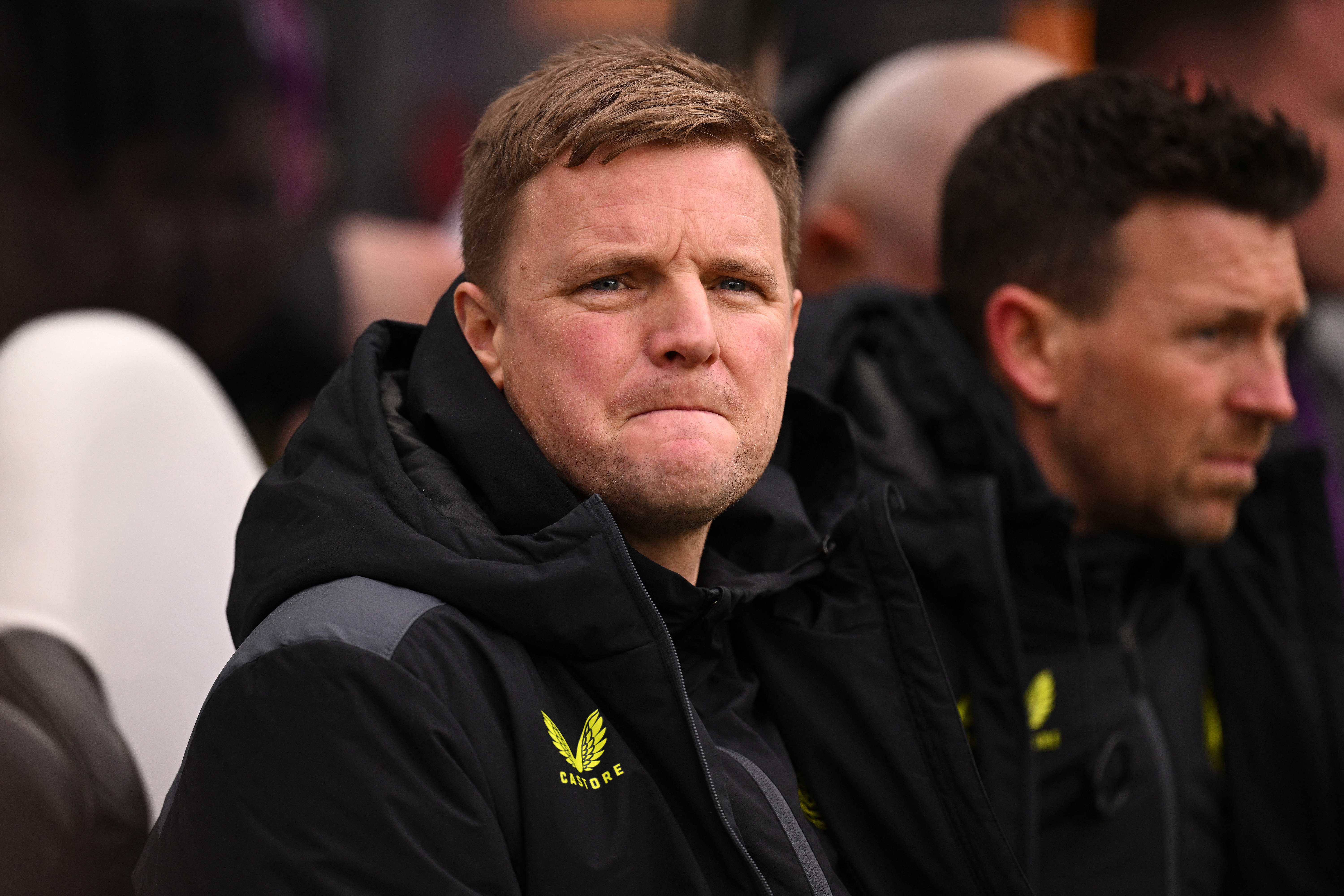 Newcastle United's English head coach Eddie Howe (L) reacts ahead of the English Premier League football match between Newcastle United and Wolverhampton Wanderers at St James' Park in Newcastle-upon-Tyne, north east England on March 2, 2024. (Photo by Oli SCARFF / AFP) / RESTRICTED TO EDITORIAL USE. No use with unauthorized audio, video, data, fixture lists, club/league logos or 'live' services. Online in-match use limited to 120 images. An additional 40 images may be used in extra time. No video emulation. Social media in-match use limited to 120 images. An additional 40 images may be used in extra time. No use in betting publications, games or single club/league/player publications. / 