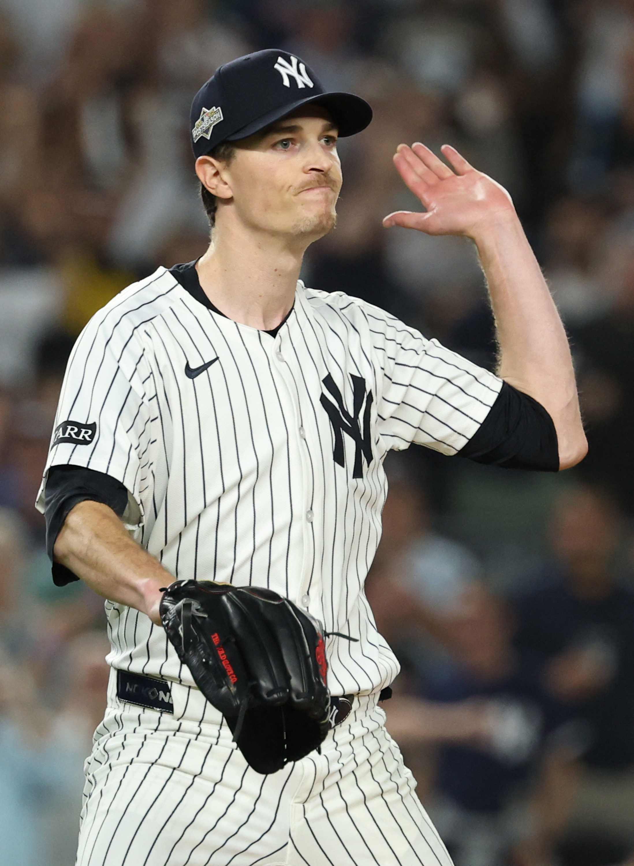 NEW YORK, NEW YORK - SEPTEMBER 30: Max Fried #54 of the New York Yankees reacts after striking out Jarren Duran #16 of the Boston Red Sox (not pictured) to end the fourth inning of game one of the American League Wild Card Series at Yankee Stadium on September 30, 2025 in the Bronx borough of New York City.   Al Bello/Getty Images/AFP (Photo by AL BELLO / GETTY IMAGES NORTH AMERICA / Getty Images via AFP)