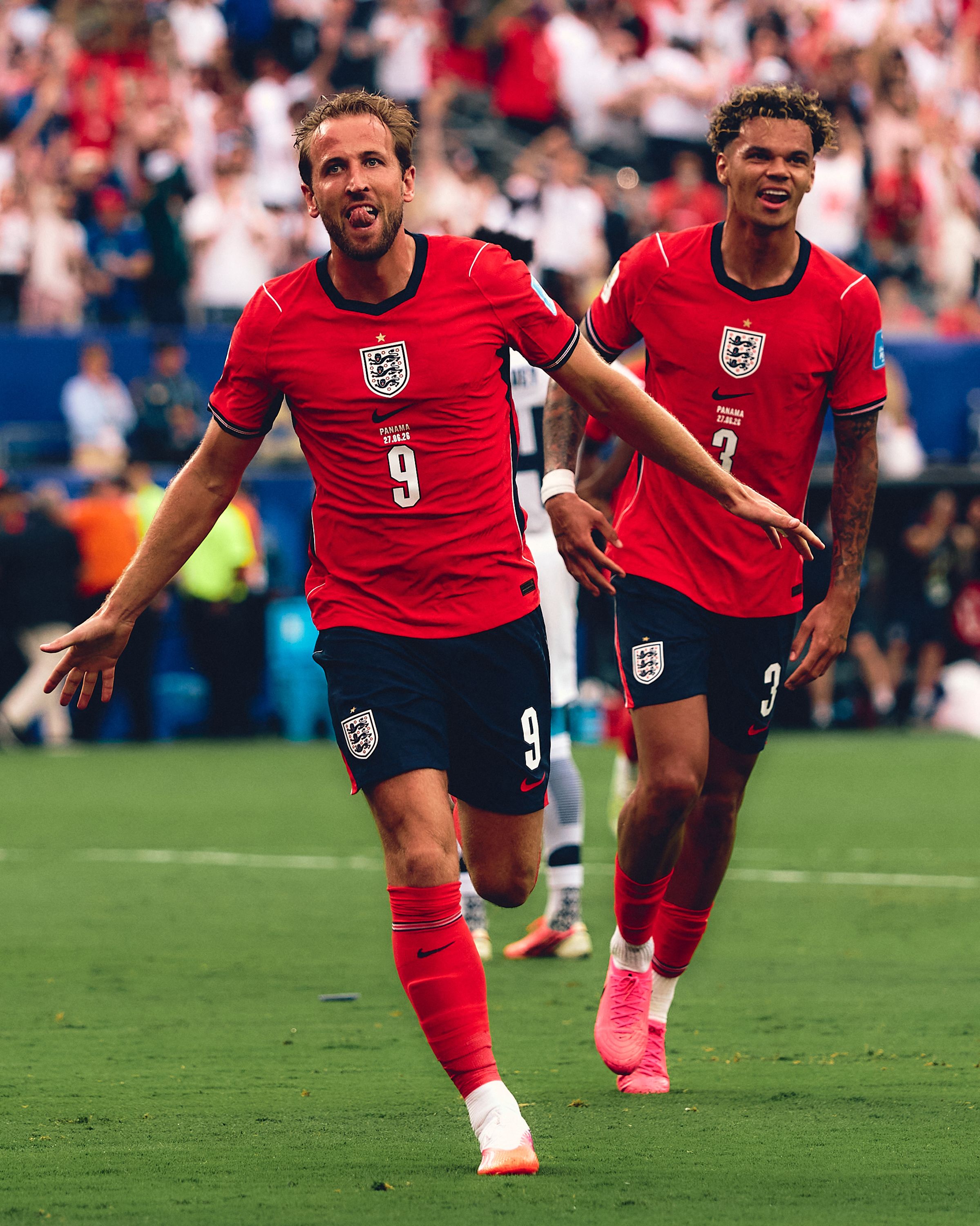 EAST RUTHERFORD, NEW JERSEY - JUNE 27: (EDITOR'S NOTE: Tonal effects have been applied to this image.) Harry Kane #9 of England celebrate second goal during the FIFA World Cup 2026 Group L match between Panama and England at New York New Jersey Stadium on June 27, 2026 in East Rutherford, New Jersey.   Mattia Ozbot/Getty Images/AFP (Photo by Mattia Ozbot / GETTY IMAGES NORTH AMERICA / Getty Images via AFP)
