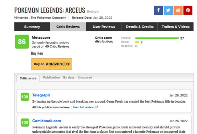 Conocemos la nota media de Leyendas Pokémon: Arceus en Metacritic