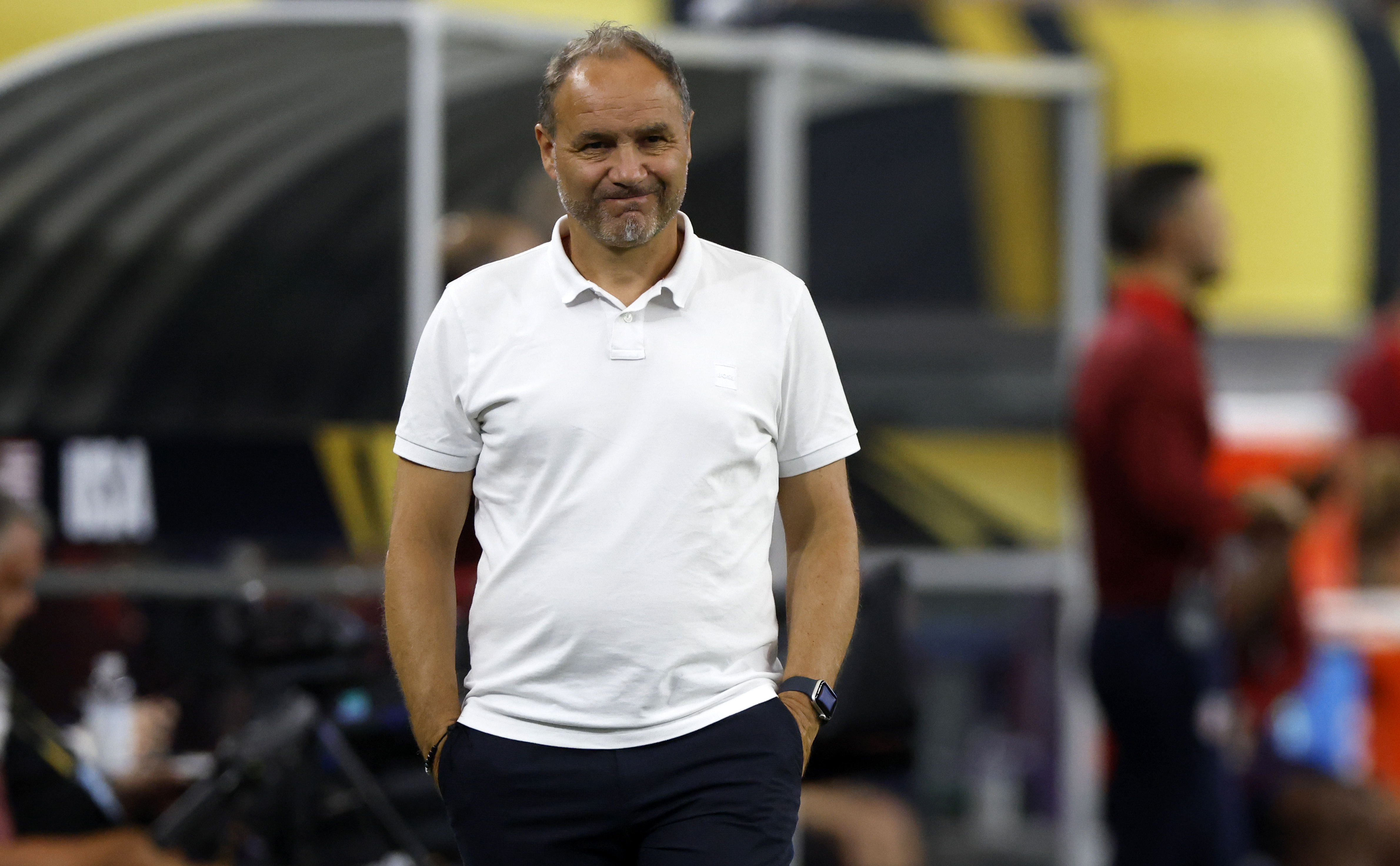 ARLINGTON, TEXAS - JUNE 22: Head coach Sébastien Migné of Haiti reacts on the sidelines during the second half against the United States during a 2025 CONCACAF Gold Cup Group D match at AT&T Stadium on June 22, 2025 in Arlington, Texas. (Photo by Ron Jenkins/USSF/Getty Images)