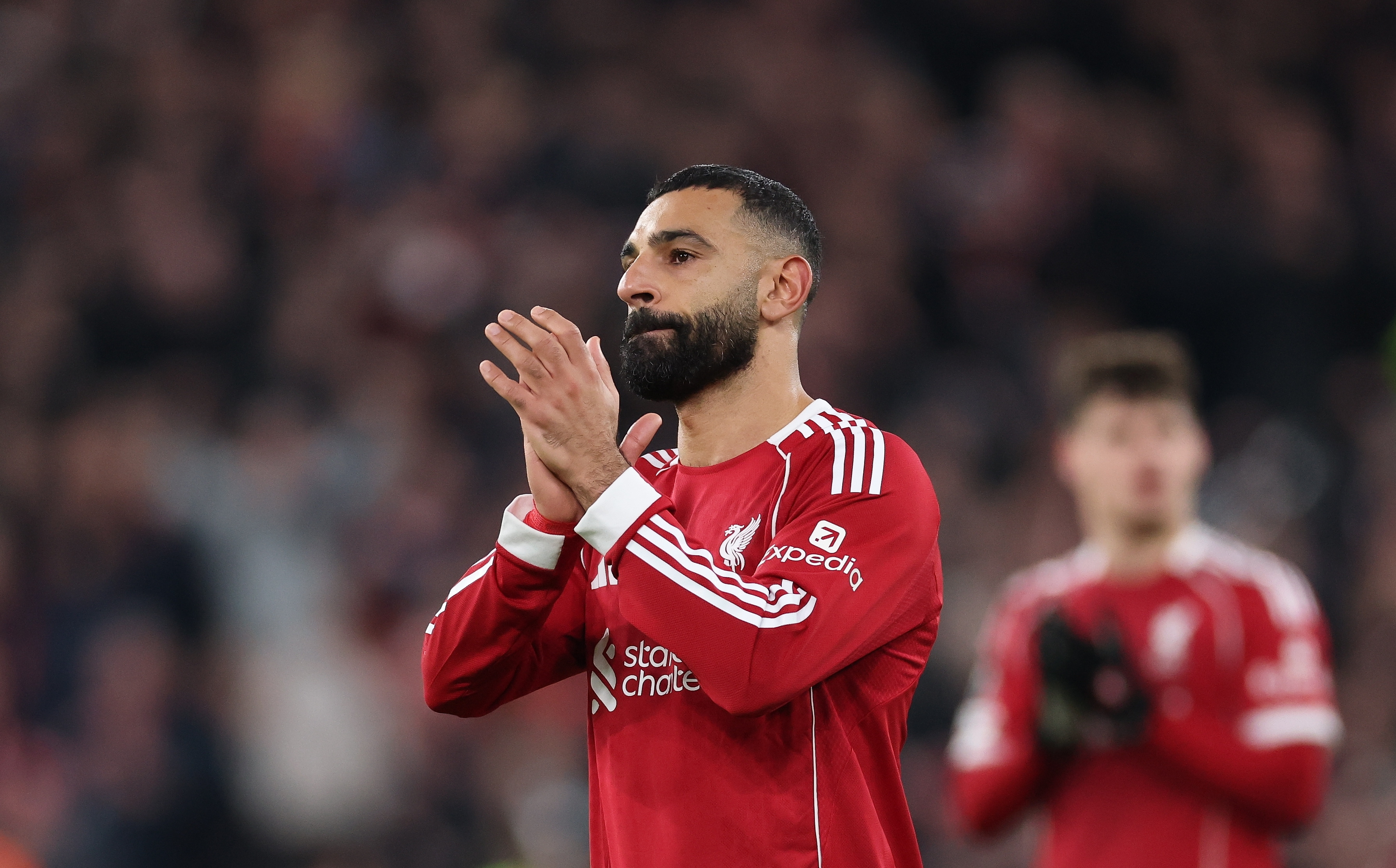 LIVERPOOL (United Kingdom), 26/11/2025.- Liverpool's Mohamed Salah reacts after the UEFA Champions League league phase match between Liverpool and PSV Eindhoven in Liverpool, Britain, 26 November 2025. (Liga de Campeones, Reino Unido) EFE/EPA/ADAM VAUGHAN
