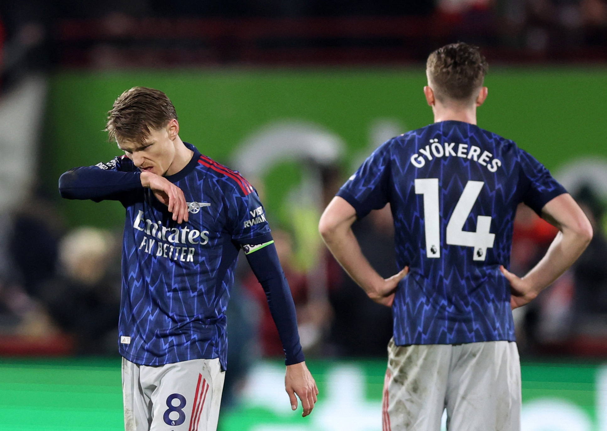 Soccer Football - Premier League - Brentford v Arsenal - GTech Community Stadium, London, Britain - February 12, 2026 Arsenal's Martin Odegaard looks dejected after the match REUTERS/David Klein EDITORIAL USE ONLY. NO USE WITH UNAUTHORIZED AUDIO, VIDEO, DATA, FIXTURE LISTS, CLUB/LEAGUE LOGOS OR 'LIVE' SERVICES. ONLINE IN-MATCH USE LIMITED TO 120 IMAGES, NO VIDEO EMULATION. NO USE IN BETTING, GAMES OR SINGLE CLUB/LEAGUE/PLAYER PUBLICATIONS. PLEASE CONTACT YOUR ACCOUNT REPRESENTATIVE FOR FURTHER DETAILS..