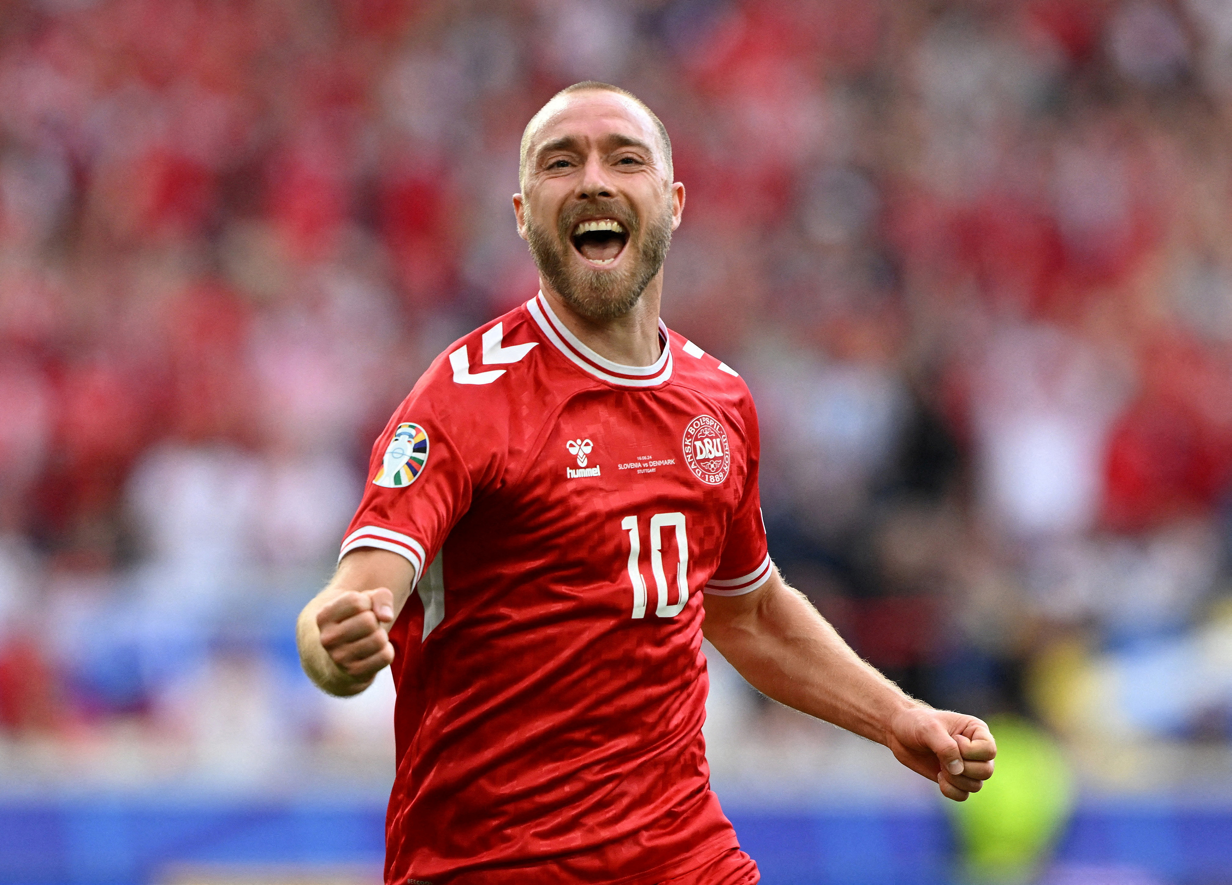 Soccer Football - Euro 2024 - Group C - Slovenia v Denmark - Stuttgart Arena, Stuttgart, Germany - June 16, 2024 Denmark's Christian Eriksen celebrates scoring their first goal REUTERS/Angelika Warmuth     TPX IMAGES OF THE DAY