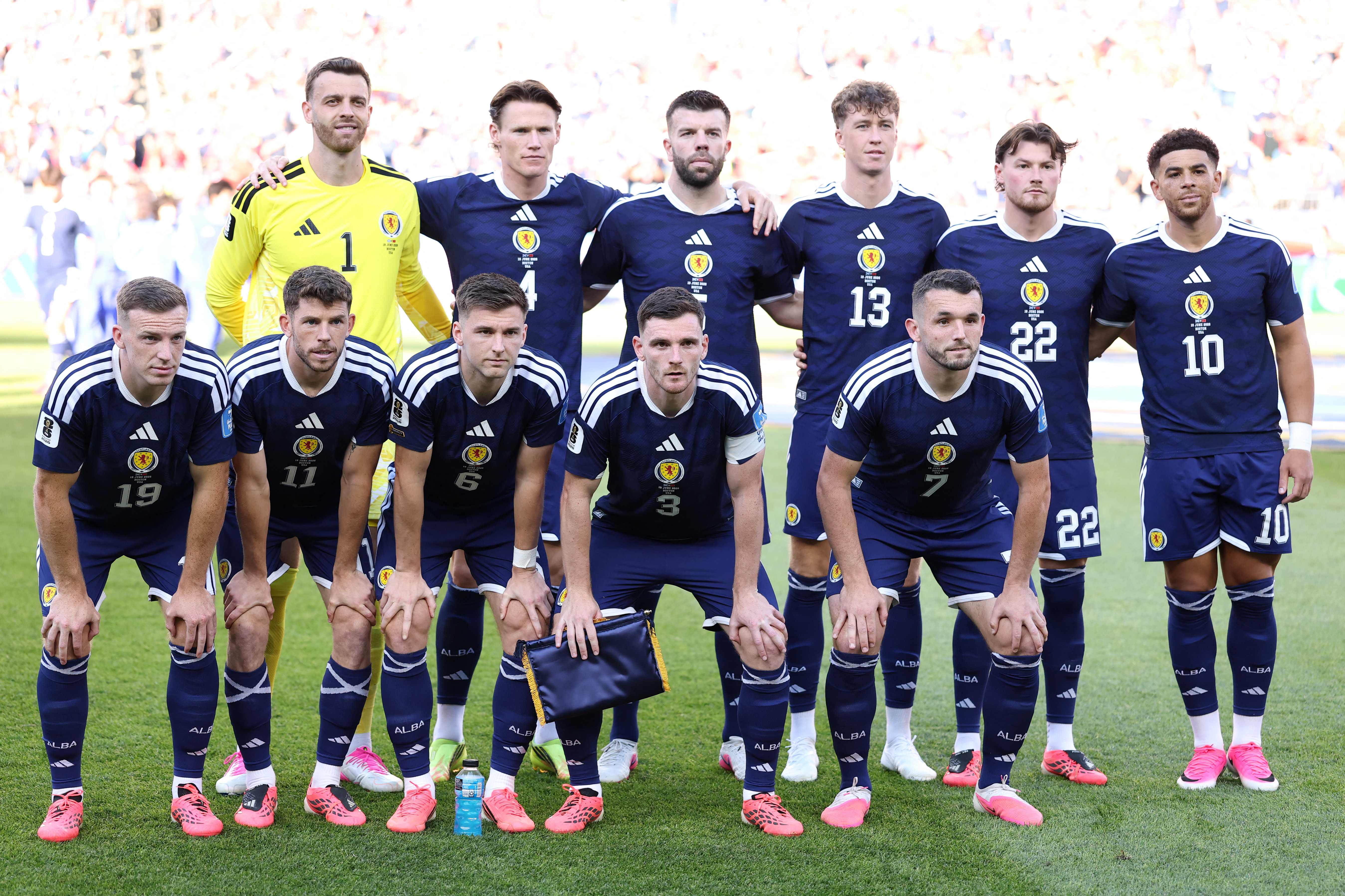 FOXBOROUGH, MASSACHUSETTS - JUNE 19: Scotland line up during the FIFA World Cup 2026 Group C match between Scotland and Morocco at Boston Stadium on June 19, 2026 in Foxborough, Massachusetts.   Justin Setterfield/Getty Images/AFP (Photo by Justin Setterfield / GETTY IMAGES NORTH AMERICA / Getty Images via AFP)