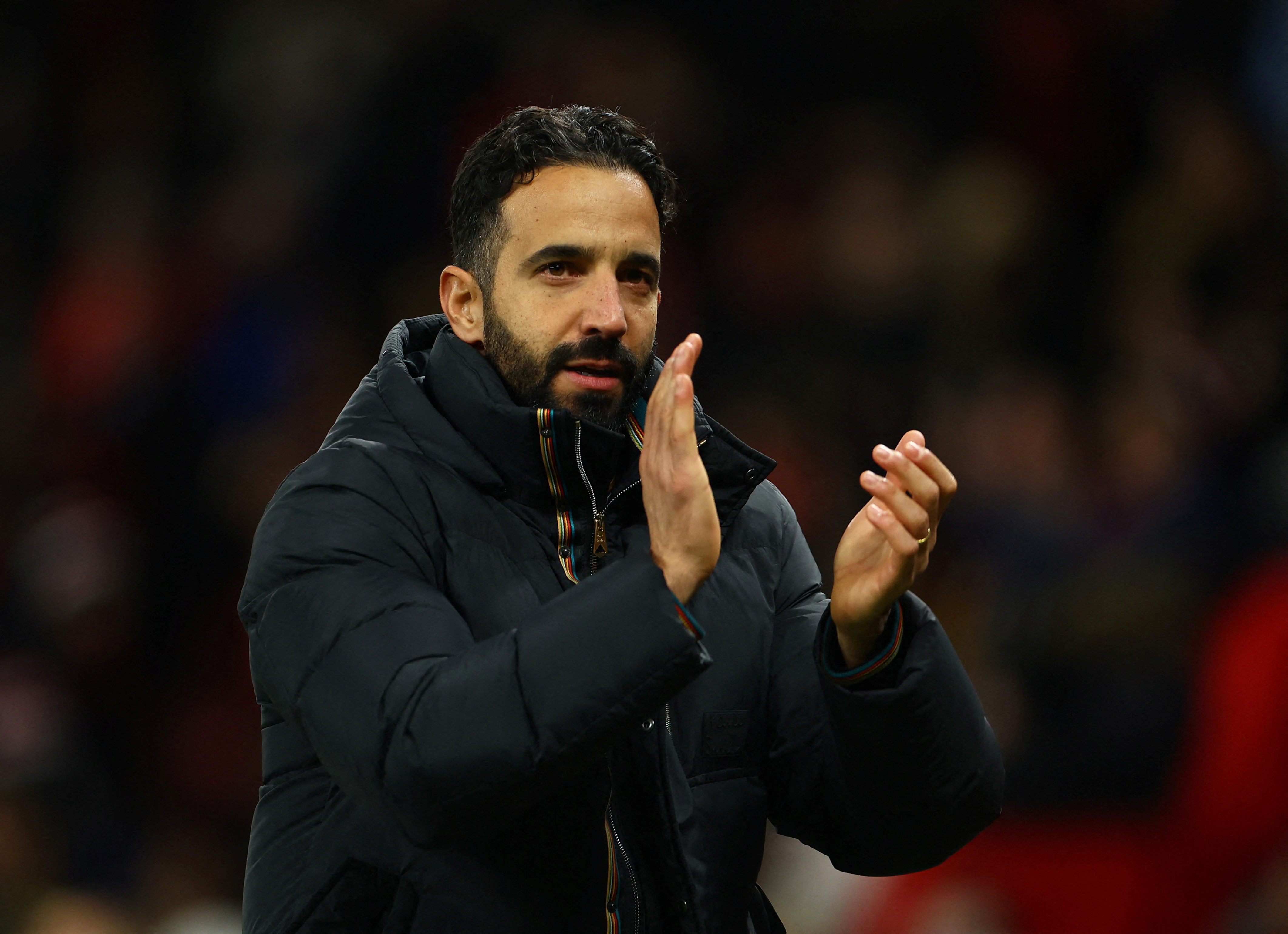 FILE PHOTO: Soccer Football - Europa League - Manchester United v Bodo/Glimt - Old Trafford, Manchester, Britain - November 28, 2024 Manchester United manager Ruben Amorim applauds fans after the match REUTERS/Molly Darlington/File Photo