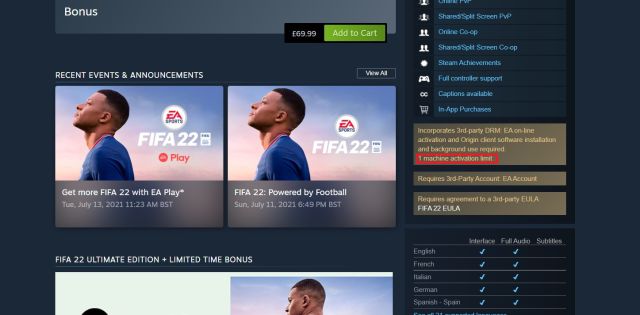 FIFA 22 en PC tendrá un Límite de 1 Activación por Equipo según Steam