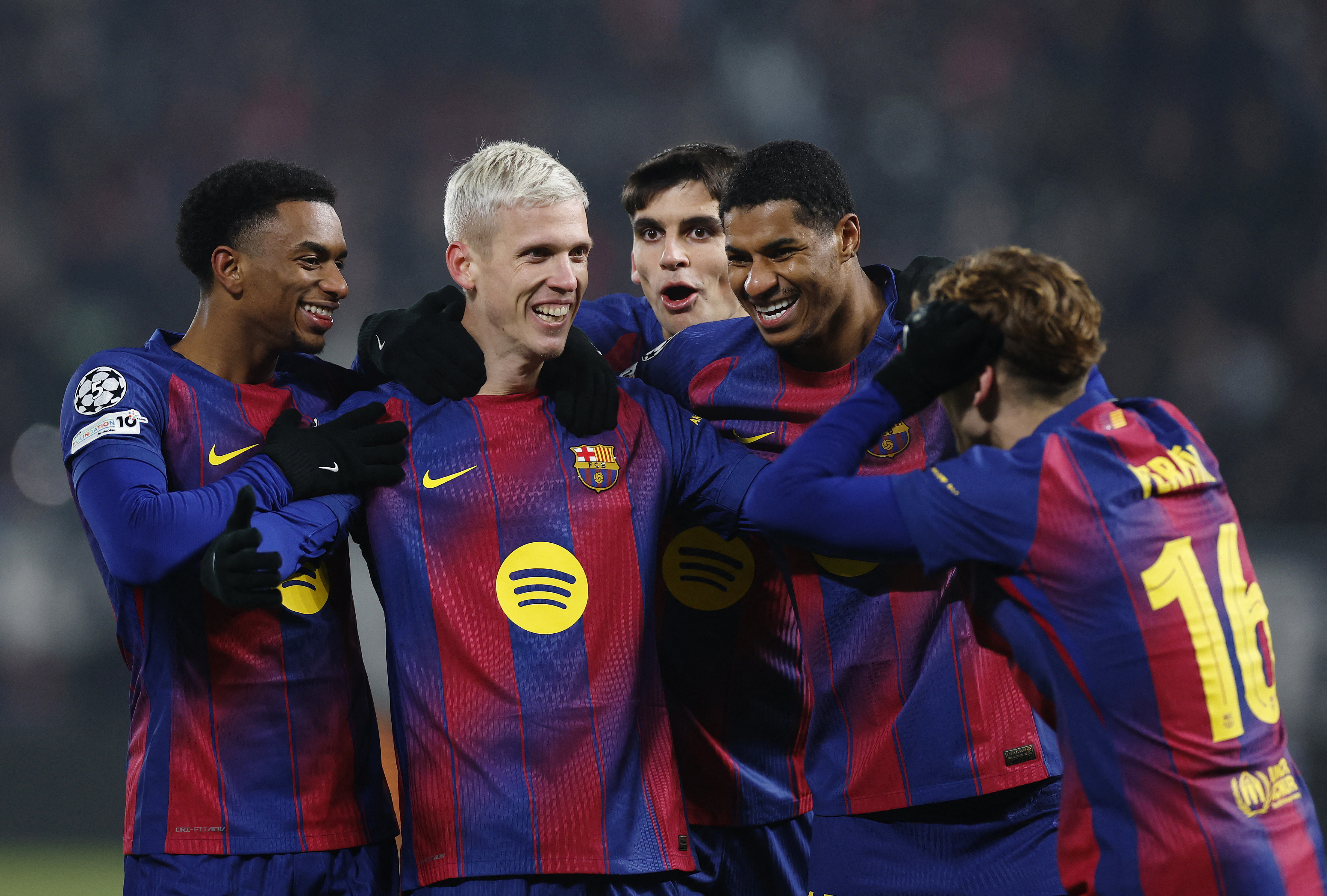 Soccer Football - UEFA Champions League - Slavia Prague v FC Barcelona - Fortuna Arena, Prague, Czech Republic - January 21, 2026 FC Barcelona's Dani Olmo celebrates scoring their third goal with teammates REUTERS/David W Cerny