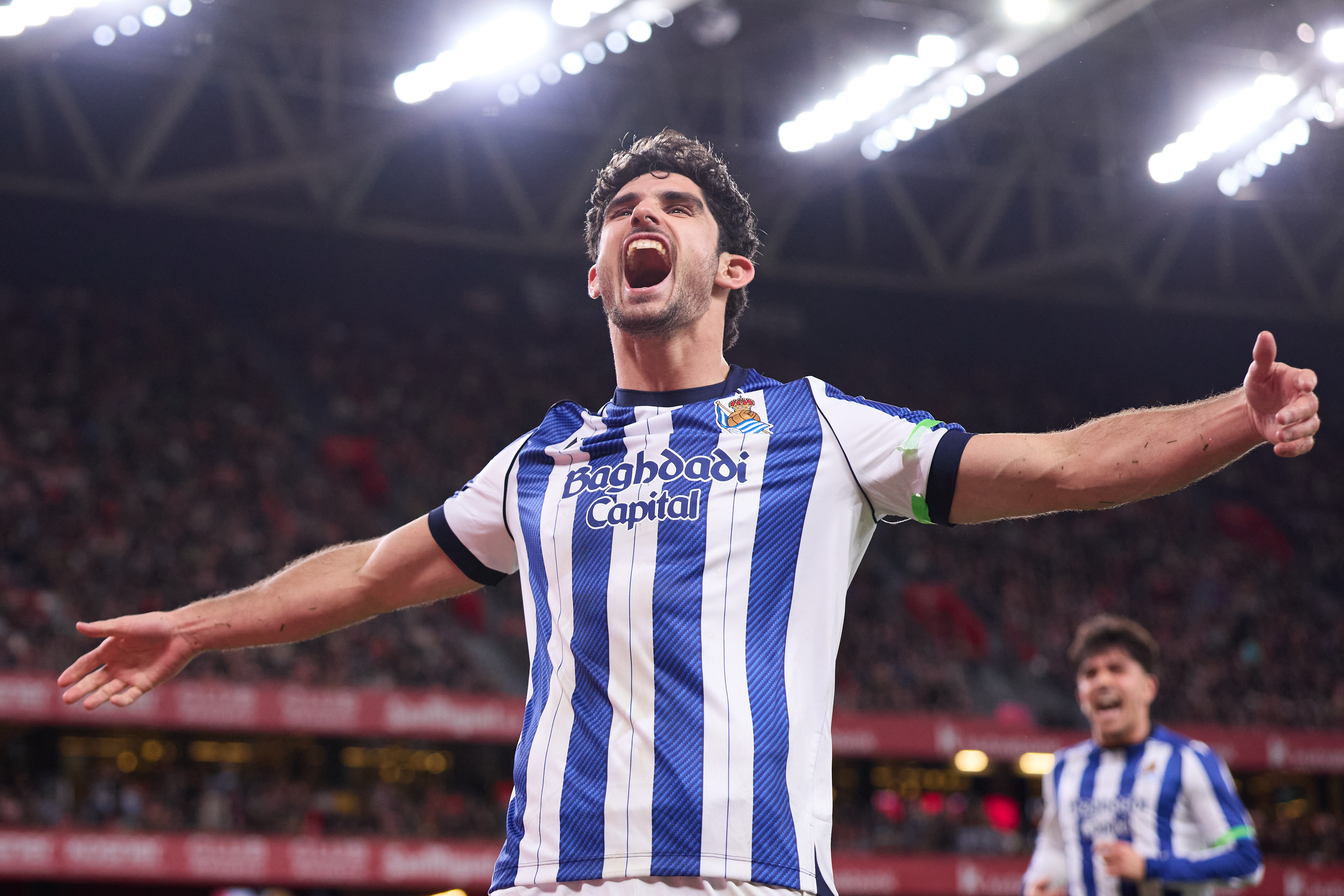 BILBAO, SPAIN - FEBRUARY 01: Goncalo Guedes of Real Sociedad celebrates after scoring the team's first goal during the LaLiga EA Sports match between Athletic Club and Real Sociedad at San Mames on February 1, 2026, in Bilbao, Spain. (Photo By Ricardo Larreina/Europa Press via Getty Images)