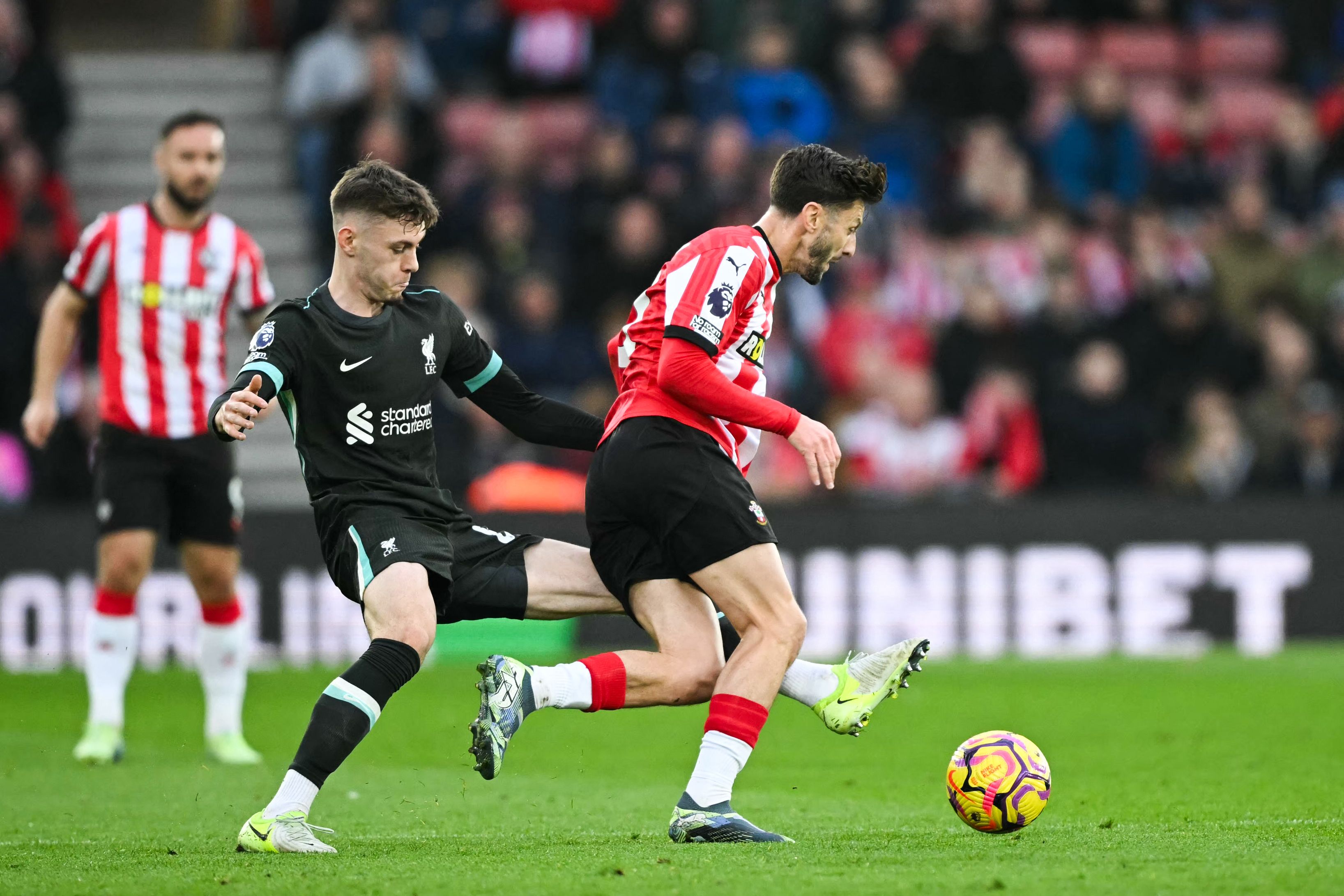 Liverpool's Northern Irish defender #84 Conor Bradley (L) fights for the ball with Southampton's English midfielder #10 Adam Lallana during the English Premier League football match between Southampton and Liverpool at St Mary's Stadium in Southampton, southern England on November 24, 2024. (Photo by JUSTIN TALLIS / AFP) / RESTRICTED TO EDITORIAL USE. No use with unauthorized audio, video, data, fixture lists, club/league logos or 'live' services. Online in-match use limited to 120 images. An additional 40 images may be used in extra time. No video emulation. Social media in-match use limited to 120 images. An additional 40 images may be used in extra time. No use in betting publications, games or single club/league/player publications. / 