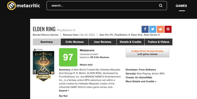 Elden Ring scores an impressive 97 on Metacritic after first wave of  reviews - Meristation