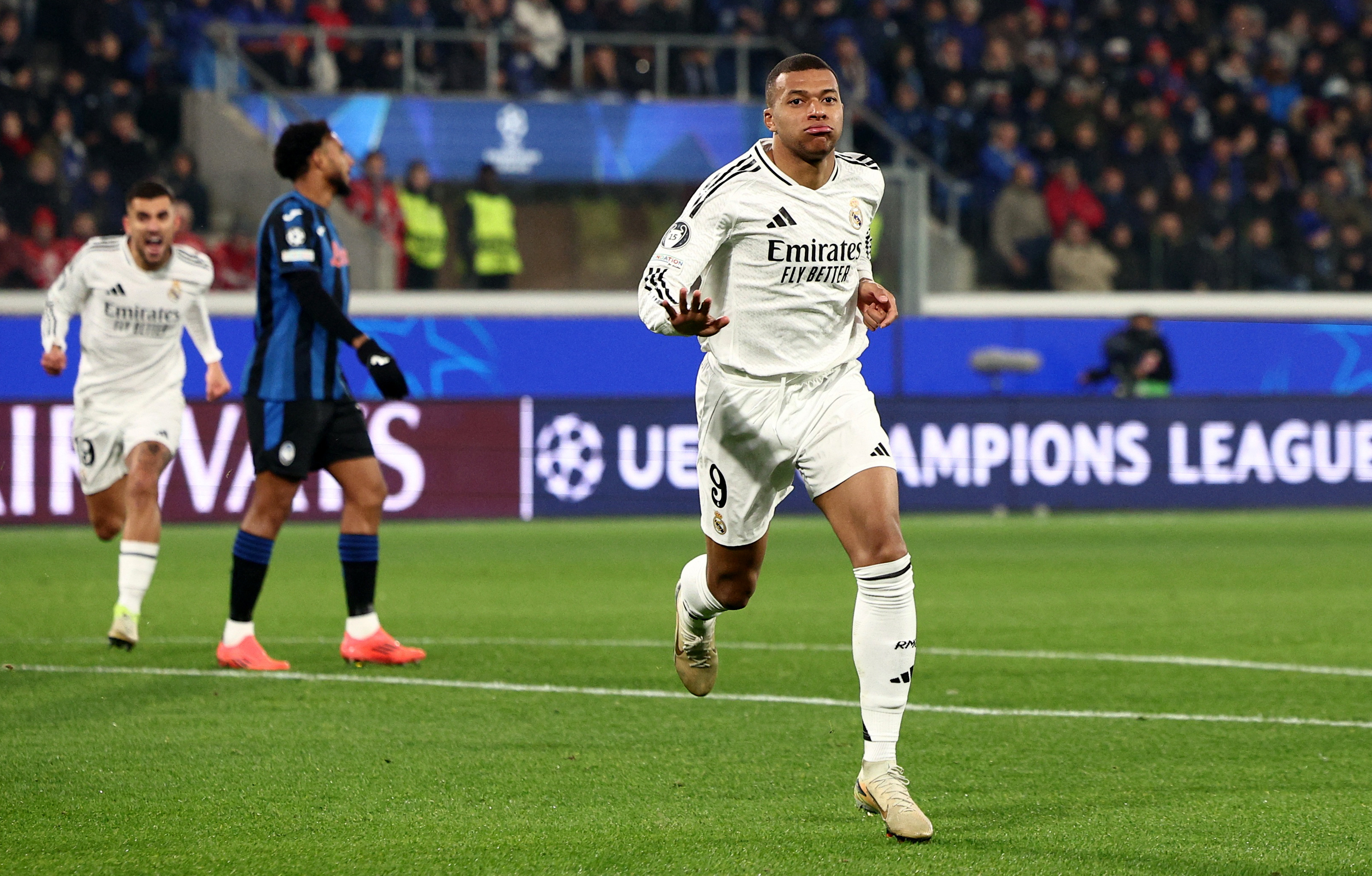 Soccer Football - Champions League - Atalanta v Real Madrid - Gewiss Stadium, Bergamo, Italy - December 10, 2024 Real Madrid's Kylian Mbappe celebrates scoring their first goal REUTERS/Guglielmo Mangiapane