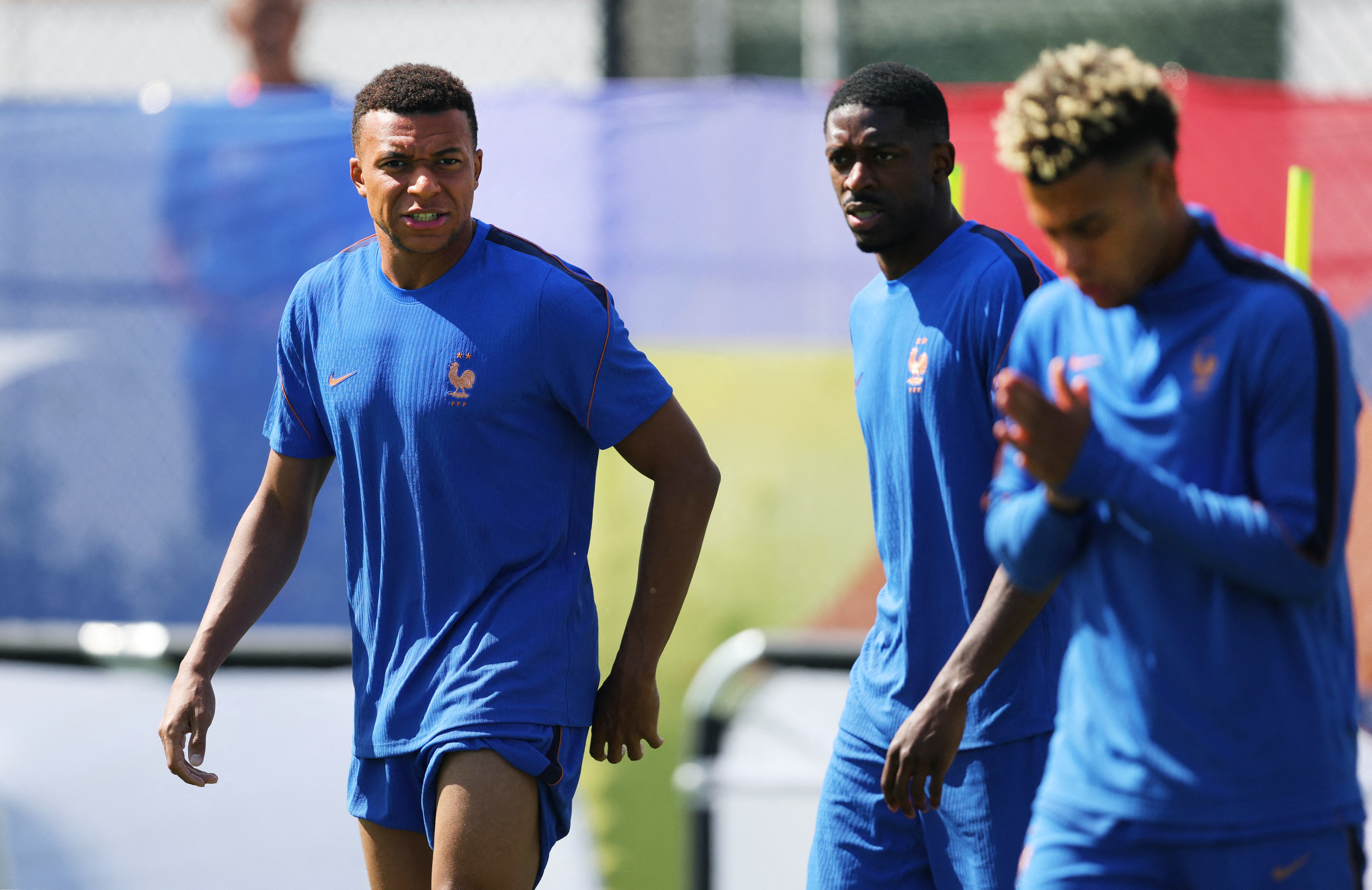 Soccer Football - FIFA World Cup 2026 - France Training - Melanie Lane Training Grounds, East Hannover, New Jersey, U.S. - June 15, 2026 France's Kylian Mbappe and Ousmane Dembele during training IMAGN IMAGES via Reuters/Vincent Carchietta