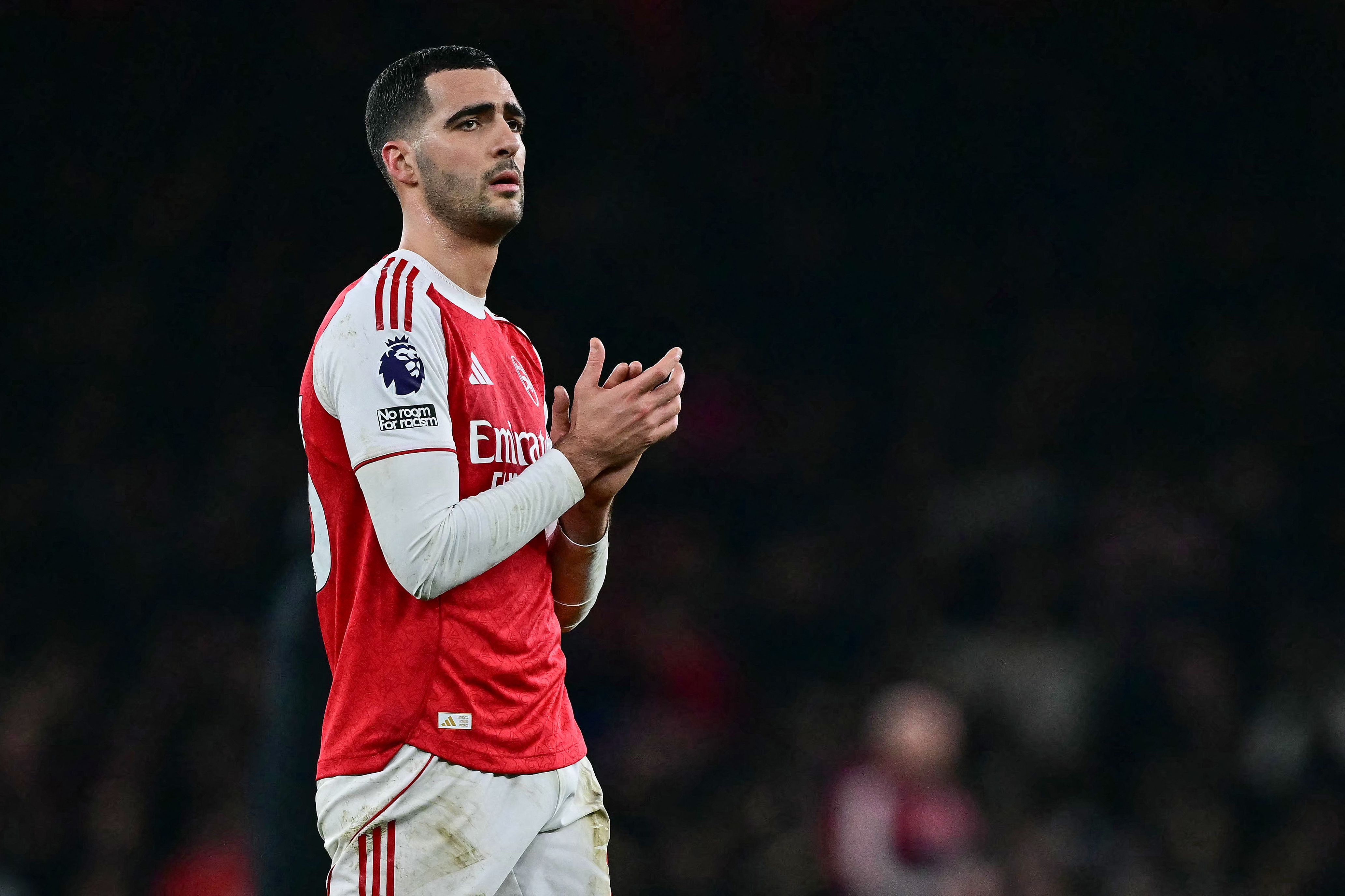 Arsenal's Spanish midfielder #23 Mikel Merino reacts at the end of the English Premier League football match between Arsenal and Manchester United at the Emirates Stadium in London on January 25, 2026. (Photo by Ben STANSALL / AFP) / RESTRICTED TO EDITORIAL USE. No use with unauthorized audio, video, data, fixture lists, club/league logos or 'live' services. Online in-match use limited to 120 images. An additional 40 images may be used in extra time. No video emulation. Social media in-match use limited to 120 images. An additional 40 images may be used in extra time. No use in betting publications, games or single club/league/player publications. / 