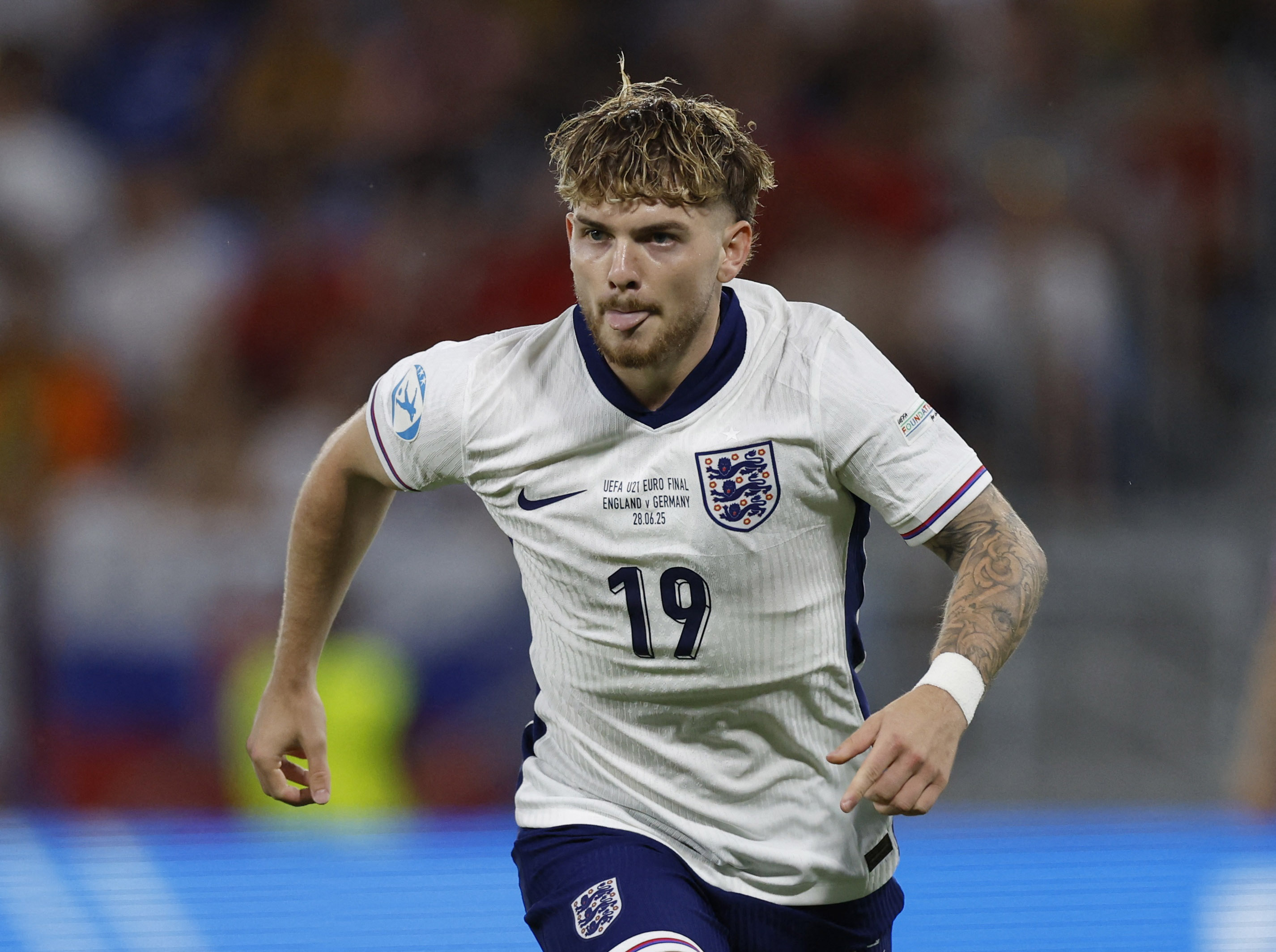Soccer Football - UEFA Under 21 Championship - Final - England v Germany - Tehelne pole, Bratislava, Slovakia - June 28, 2025 England's Harvey Elliott celebrates scoring their first goal REUTERS/David W Cerny