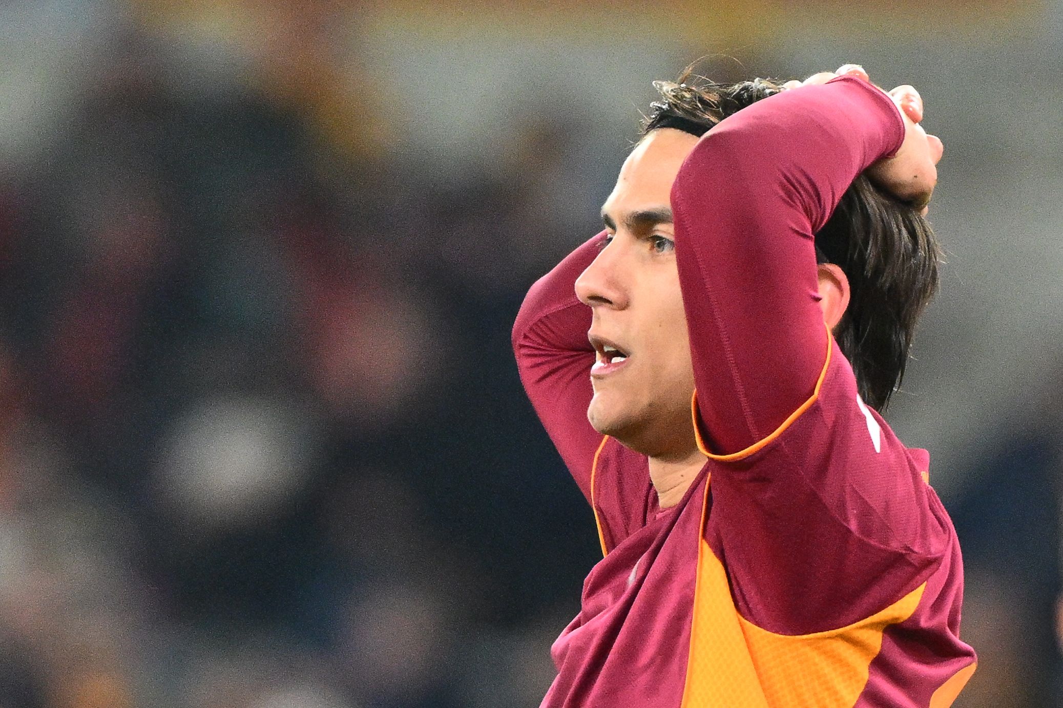 Roma�s Argentine forward #21 Paulo Dybala reacts during the Italian Serie A football match between As Roma and Sassuolo at Olympic stadium in Rome on January 10, 2026. (Photo by Alberto PIZZOLI / AFP)