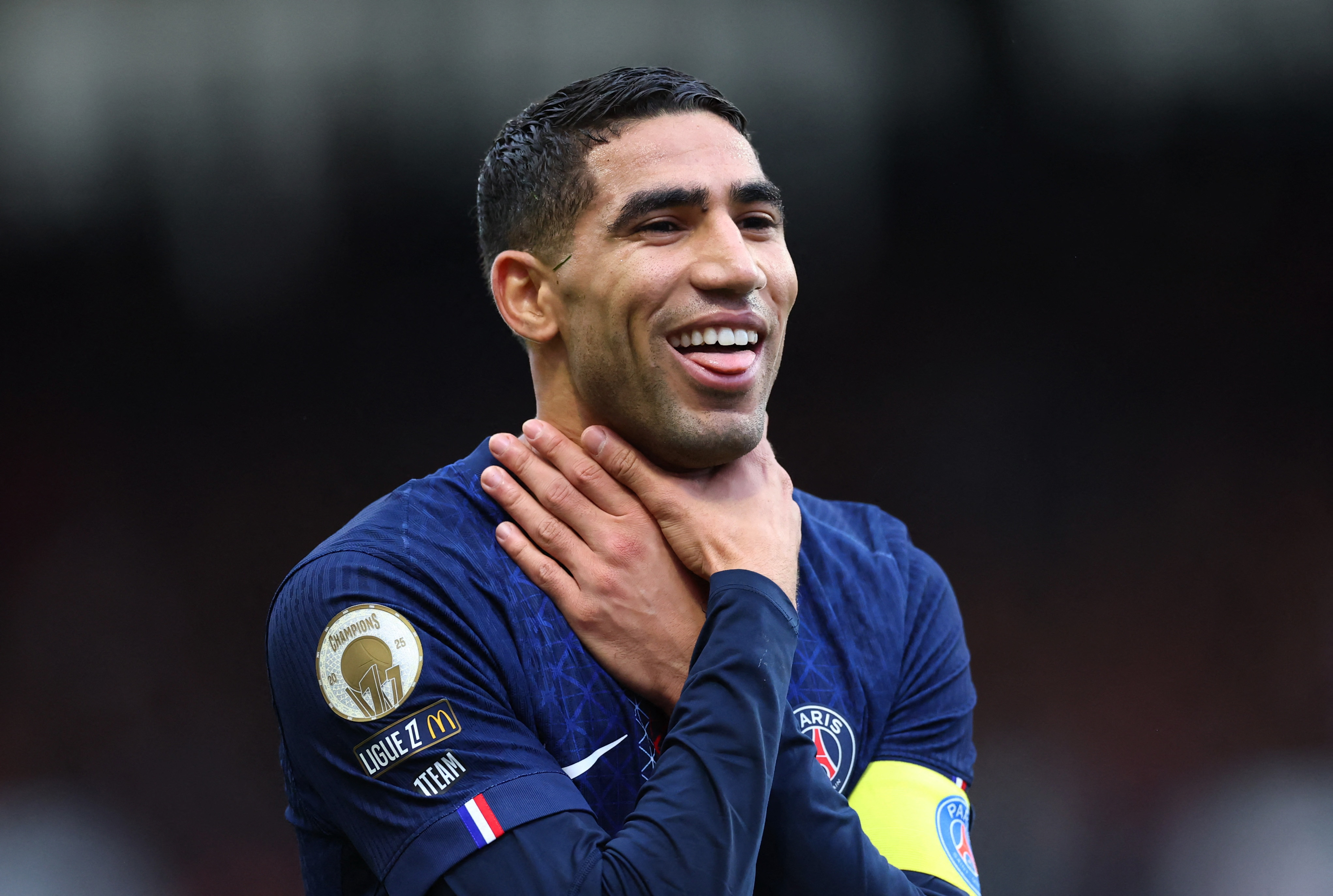 Soccer Football - Ligue 1 - Brest v Paris St Germain - Stade Francis-Le Ble, Brest, France - October 25, 2025 Paris St Germain's Achraf Hakimi celebrates scoring their second goal REUTERS/Stephane Mahe