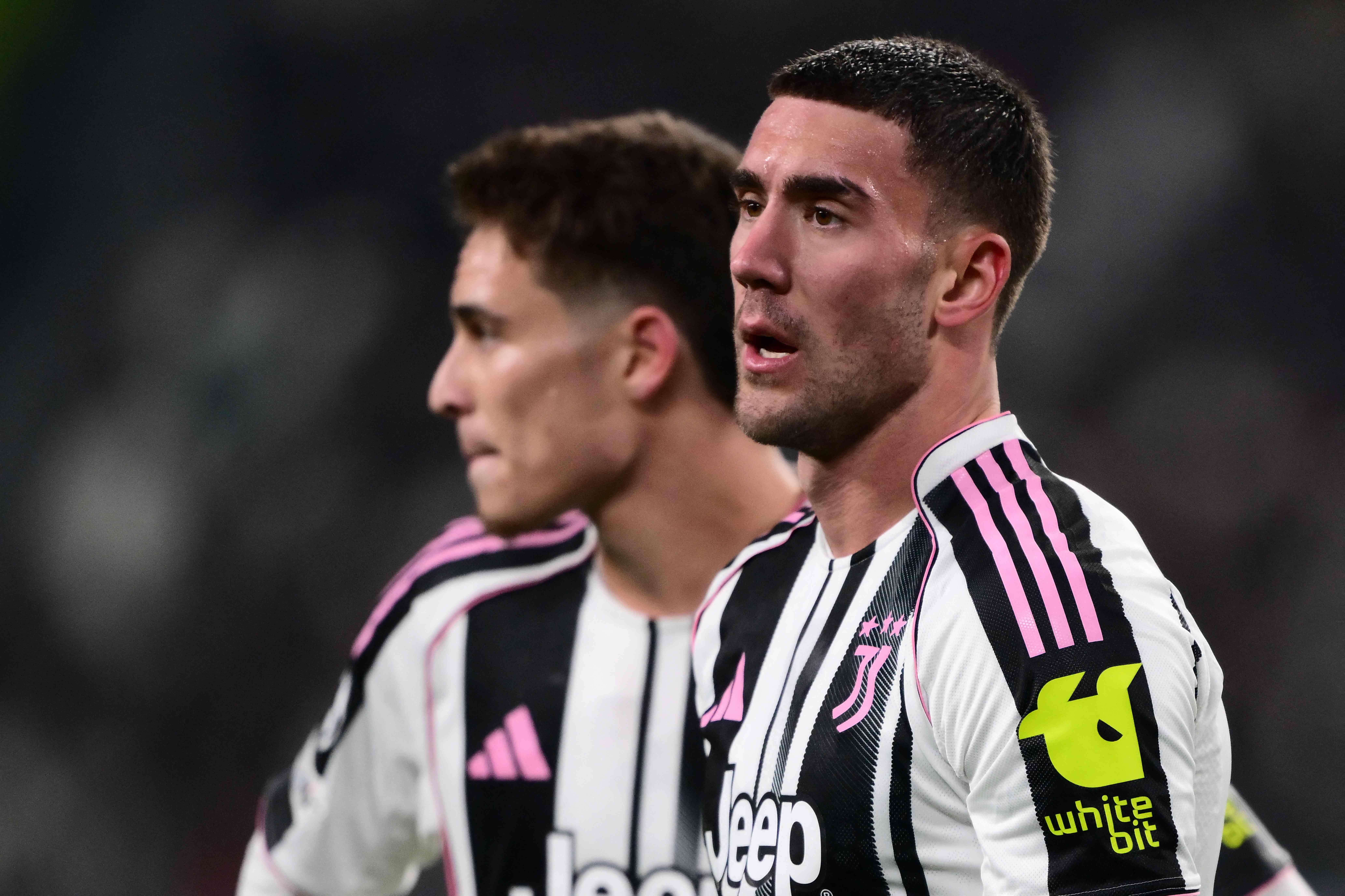 Juventus' Serbian forward #09 Dusan Vlahovic looks on during the UEFA Champions League - league phase day 4 football match between Juventus and Sporting CP at the Allianz stadium in Turin, on November 4, 2025. (Photo by Marco BERTORELLO / AFP)