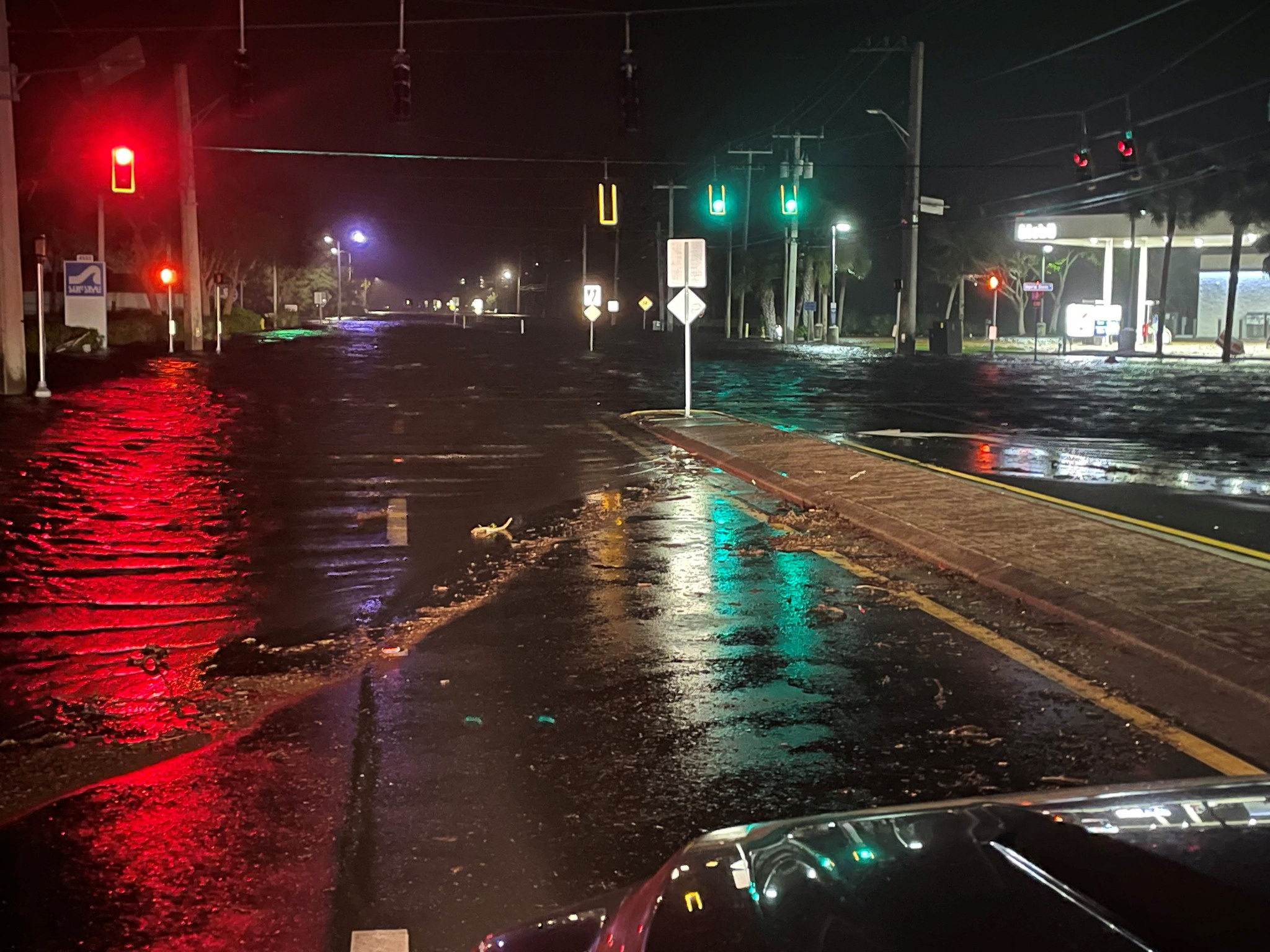 A view of a road flooded from the storm surge caused by Hurricane Milton, in Lee County, Florida, U.S., October 9, 2024 in this handout image. Lee County Sheriff's Office via Facebook/Handout via REUTERS    THIS IMAGE HAS BEEN SUPPLIED BY A THIRD PARTY. NO RESALES. NO ARCHIVES. MANDATORY CREDIT.