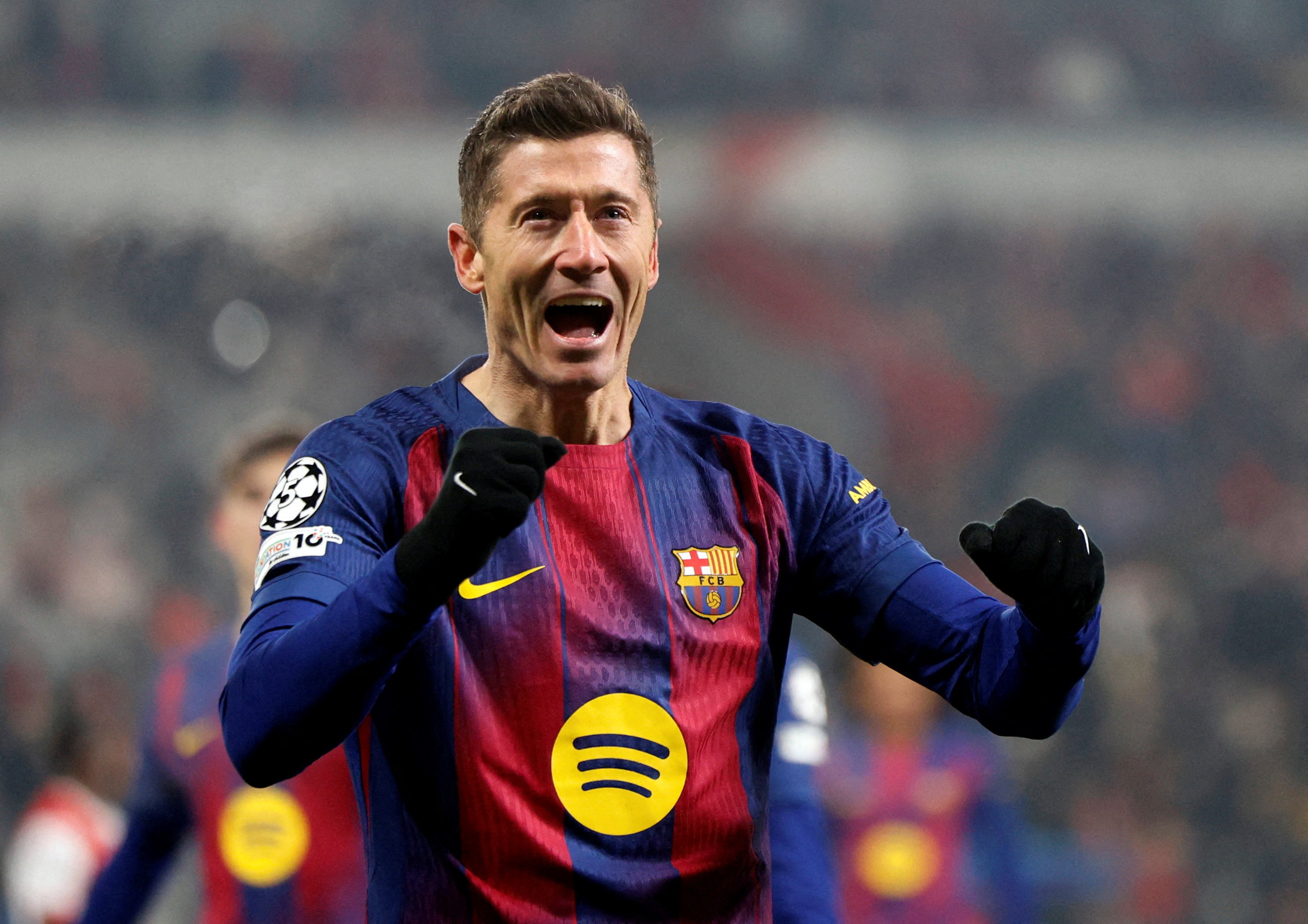 Soccer Football - UEFA Champions League - Slavia Prague v FC Barcelona - Fortuna Arena, Prague, Czech Republic - January 21, 2026 FC Barcelona's Robert Lewandowski celebrates scoring their fourth goal REUTERS/David W Cerny TPX IMAGES OF THE DAY