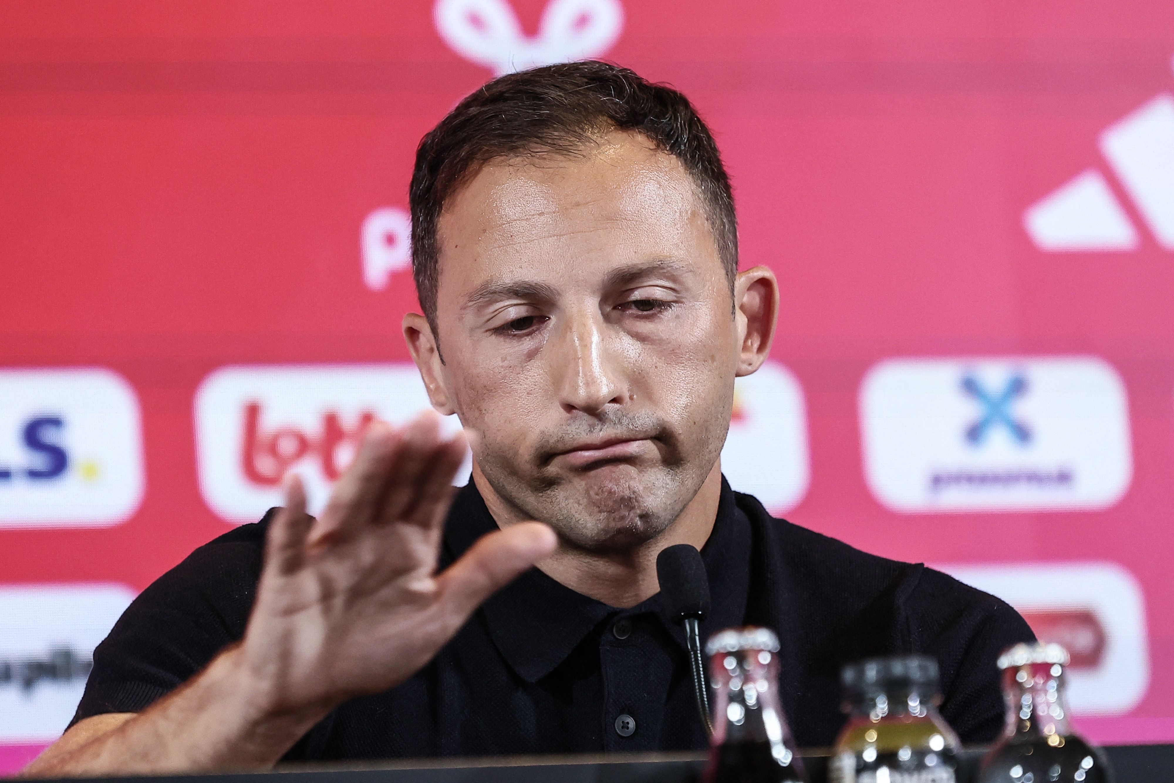 Belgium's headcoach Domenico Tedesco reacts during a press conference of Belgian national soccer team to announce the selection for the upcoming Nations League games, in Tubize on August 30, 2024. (Photo by BRUNO FAHY / Belga / AFP) / Belgium OUT