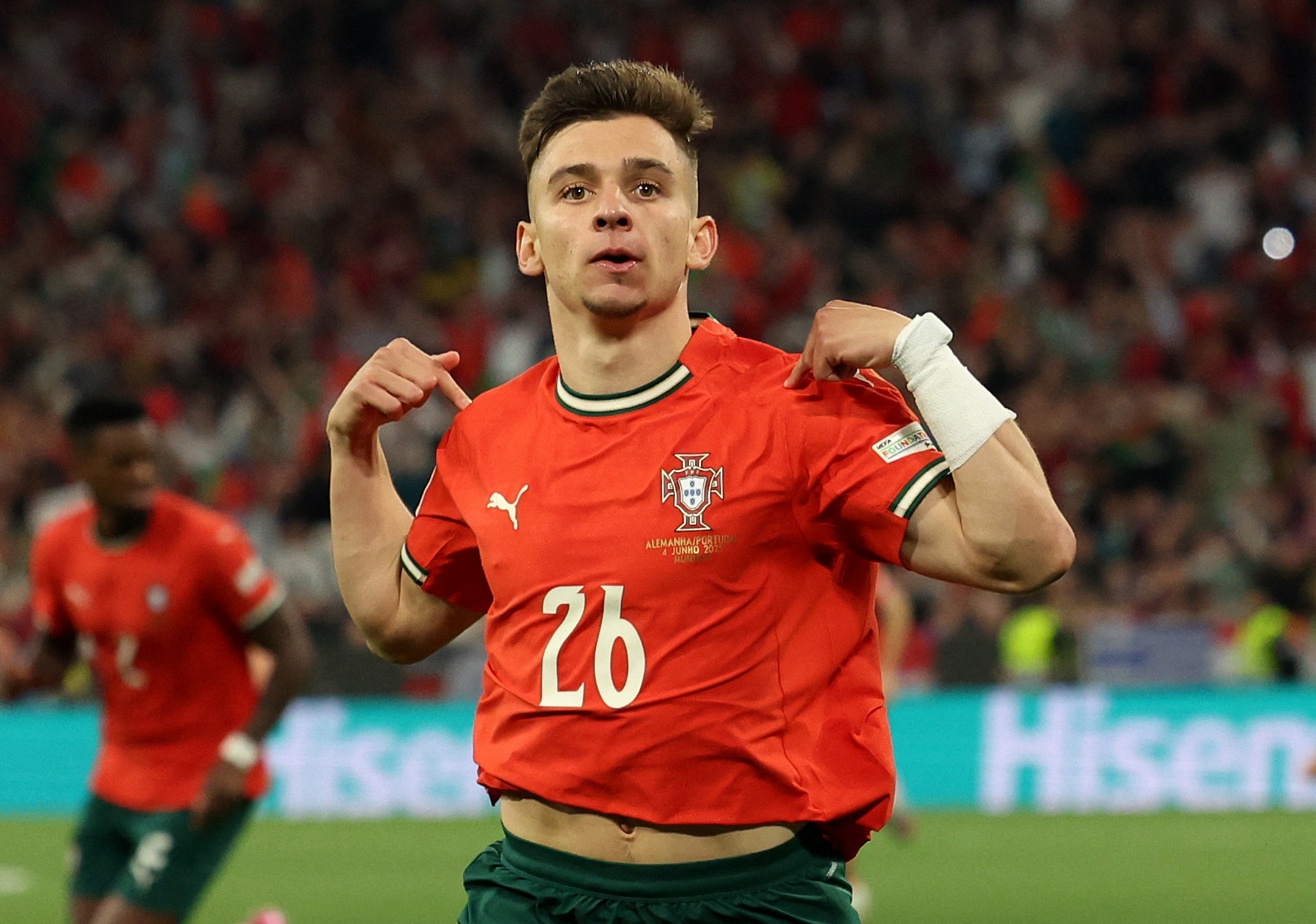 Soccer Football - Nations League - Semi Final - Germany v Portugal - Allianz Arena, Munich, Germany - June 4, 2025 Portugal's Francisco Conceicao celebrates scoring their first goal REUTERS/Michaela Stache