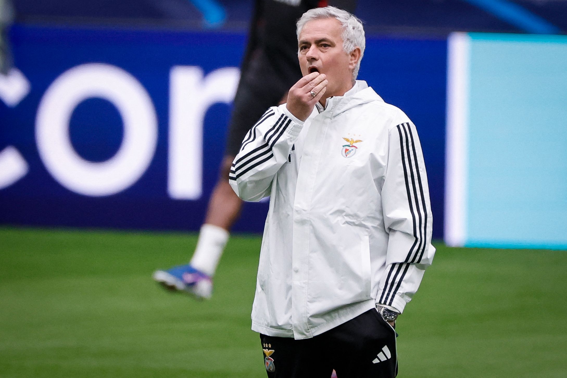 SL Benfica's Portuguese head coach Jose Mourinho gestures during a  training session on the eve of their UEFA Champions League knockout round play-off second leg football match against Real Madrid CF at Santiago Bernabeu Stadium in Madrid on February 24, 2026. (Photo by Oscar DEL POZO / AFP)