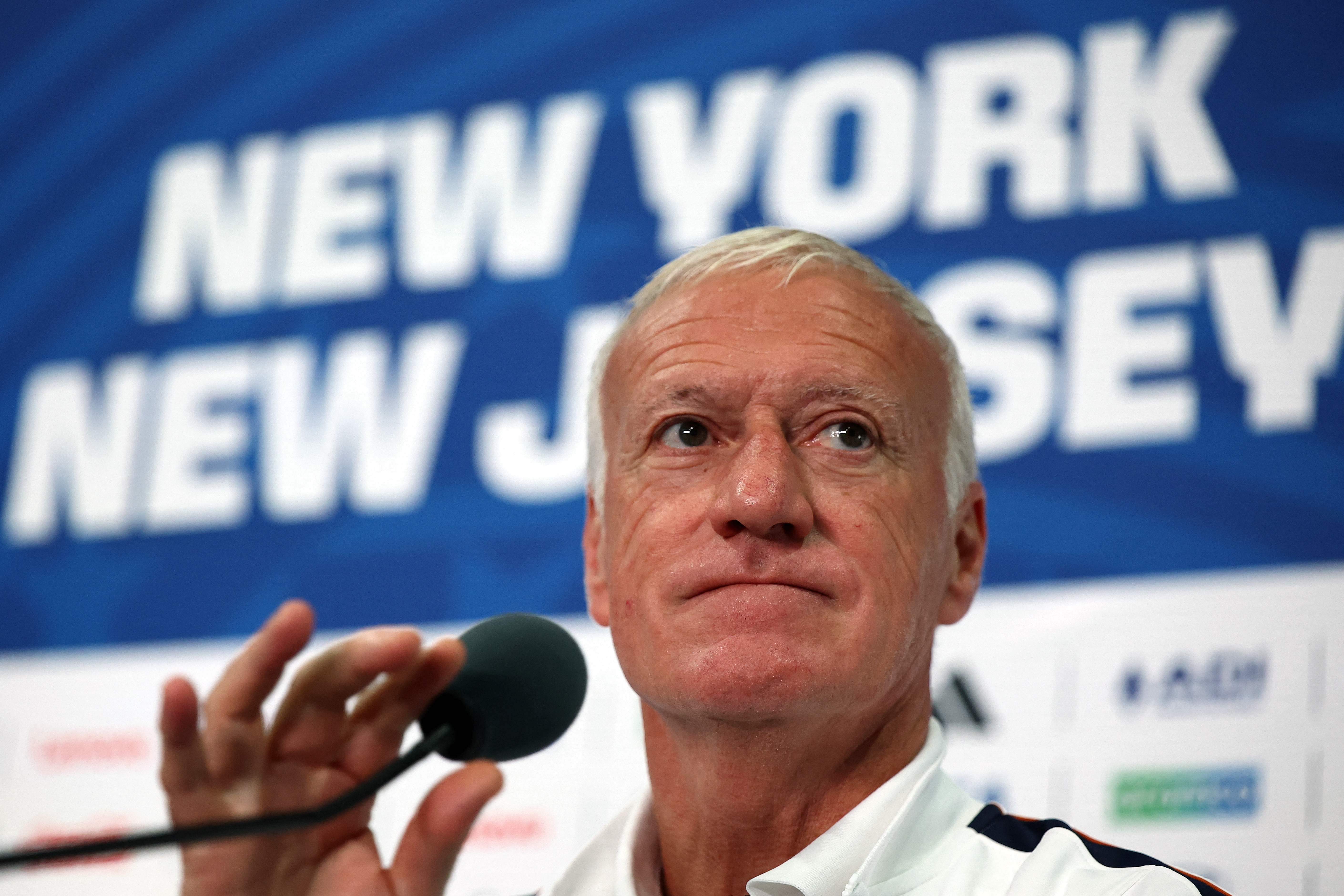 France's head coach Didier Deschamps gives an MD-1 press conference at the New York/New Jersey Stadium in East Rutherford on June 15, 2026, on the eve of the 2026 World Cup Group I football match between France and Senegal. (Photo by FRANCK FIFE / AFP)