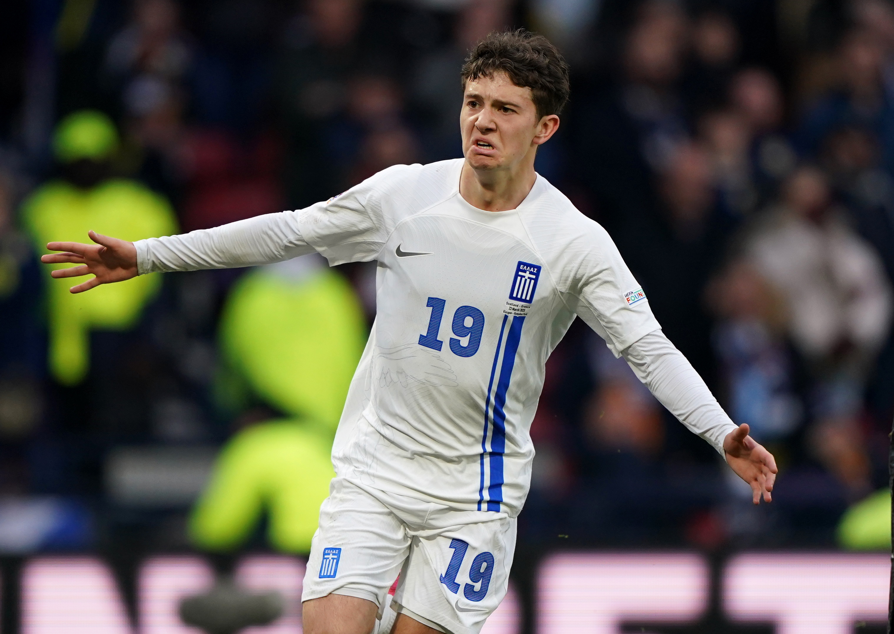 Greece's Konstantinos Karetsas celebrates scoring his sides second goal during the UEFA Nations League play-offs, second leg match at Hampden Park, Glasgow. Picture date: Sunday March 23, 2025. (Photo by Andrew Milligan/PA Images via Getty Images)