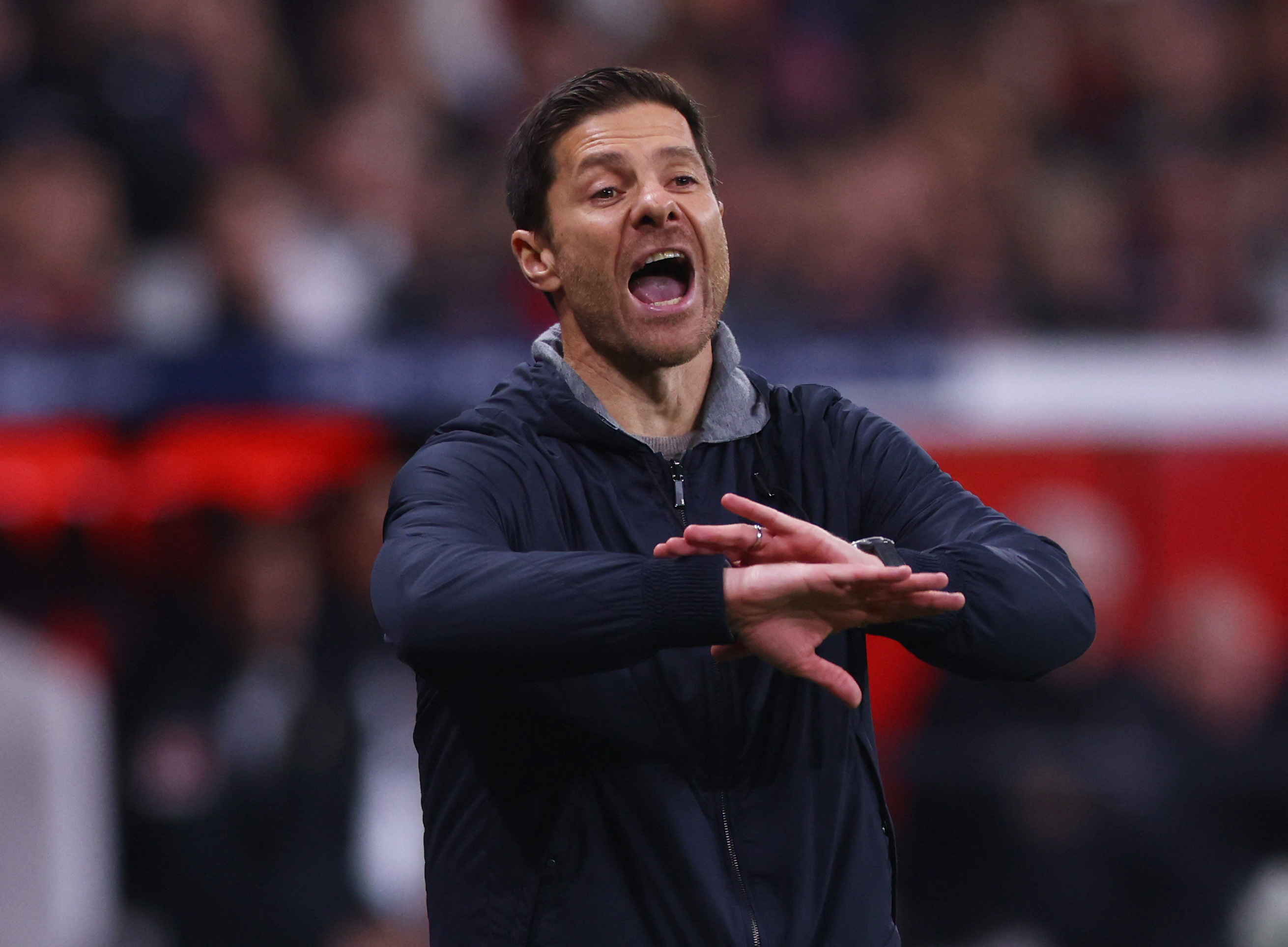 Soccer Football - Bundesliga - Bayer Leverkusen v VfB Stuttgart - BayArena, Leverkusen, Germany - November 1, 2024 Bayer Leverkusen coach Xabi Alonso reacts REUTERS/Thilo Schmuelgen DFL REGULATIONS PROHIBIT ANY USE OF PHOTOGRAPHS AS IMAGE SEQUENCES AND/OR QUASI-VIDEO.