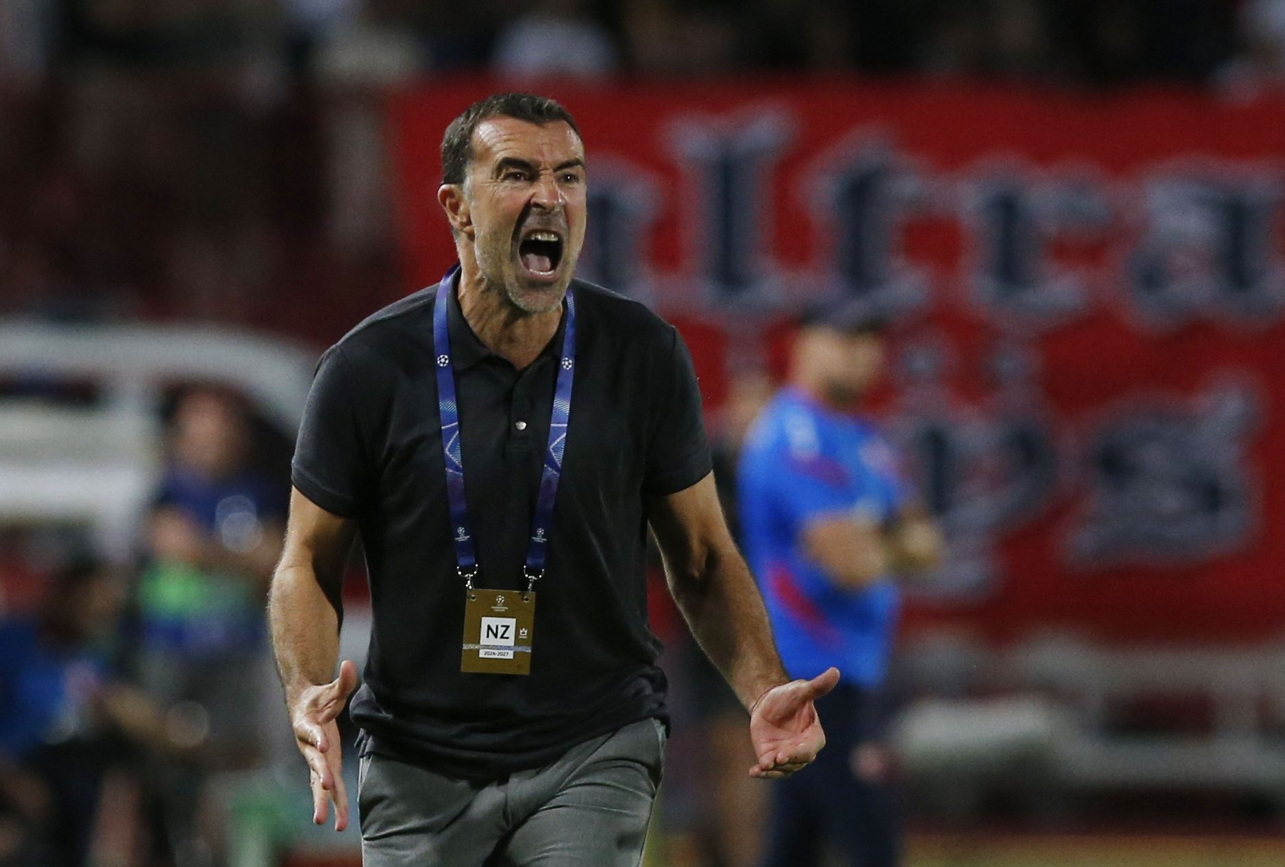 Soccer Football - UEFA Champions League - Play Off - First Leg - Red Star Belgrade v Pafos - Stadion Rajko Mitic, Belgrade, Serbia - August 19, 2025 Pafos coach Juan Carcedo reacts REUTERS/Novak Djurovic