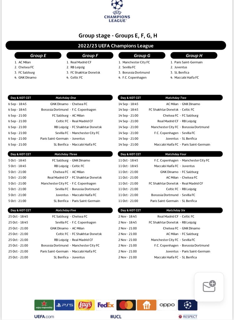 Liga dos Campeões 2022/23: Calendário da fase de grupos – DW – 29/08/2022