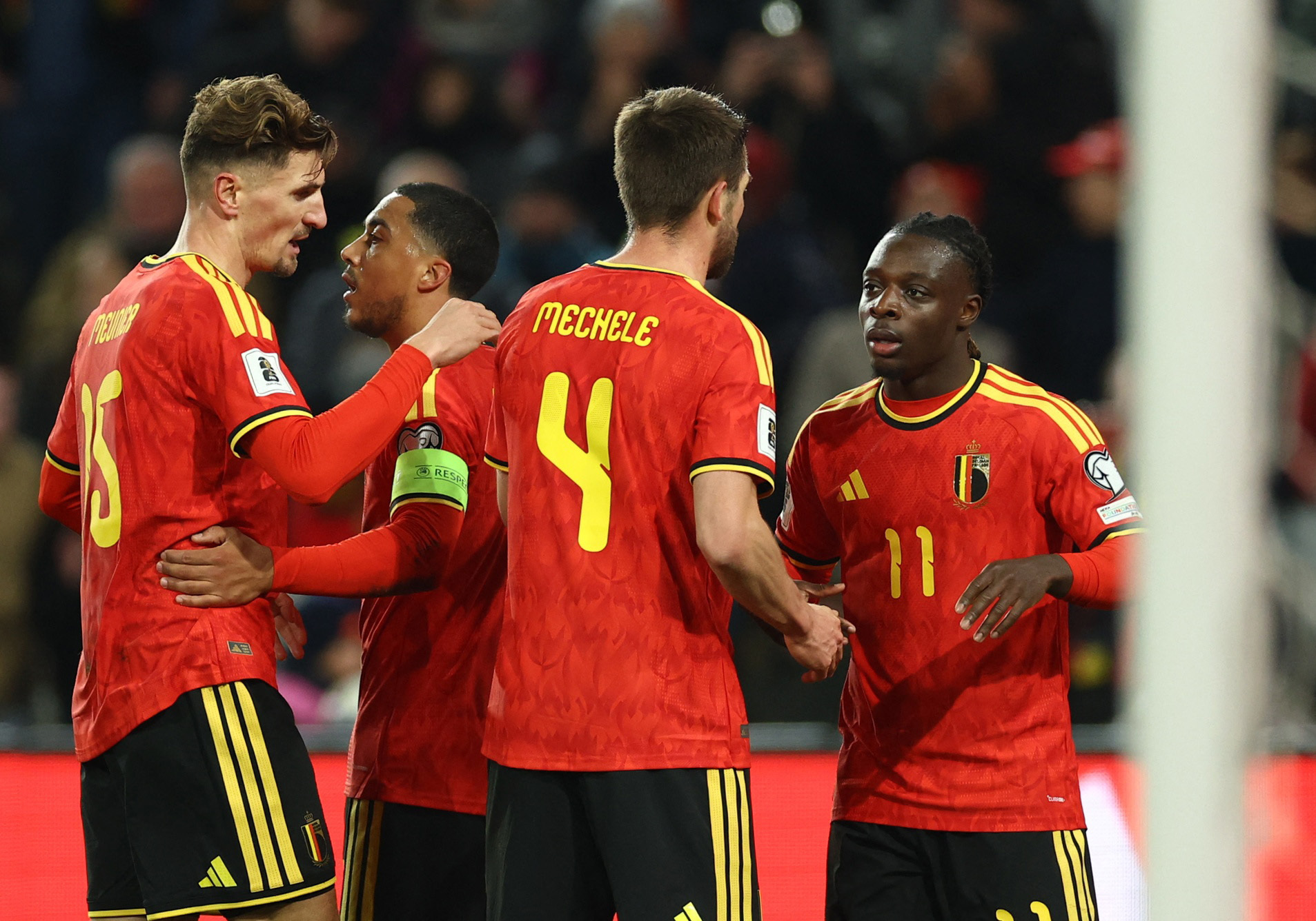 Soccer Football - FIFA World Cup - UEFA Qualifiers - Group J - Belgium v Liechtenstein - Stade Maurice Dufrasne, Liege, Belgium - November 18, 2025 Belgium's Jeremy Doku celebrates scoring their second goal with Brandon Mechele REUTERS/Yves Herman